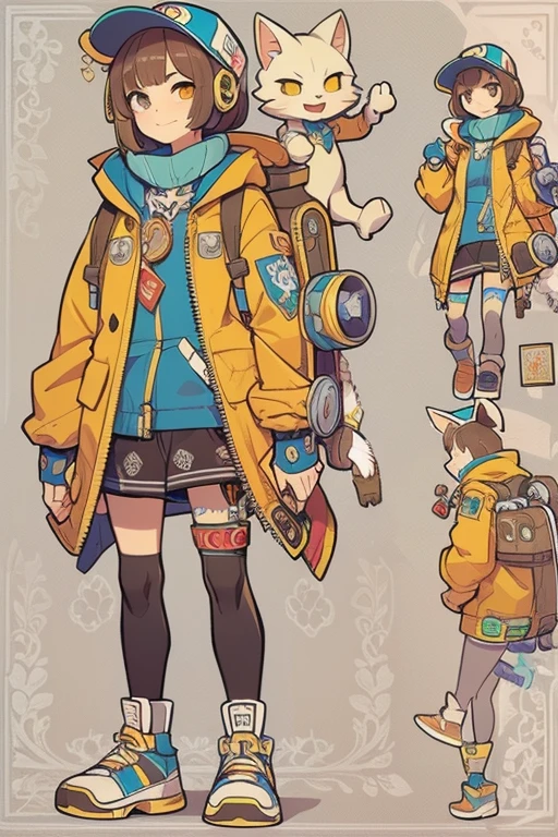 Boyish girl and creepy cute monster buddy、anime-like、Adventurer、A determined smile、Brown hair with light blue mesh、Monocle with analytical ability、Sporty、Emblem with the Ouroboros ring motif、cap with cat ears、He is equipped with a mechanical gauntlet on his right hand.、orange hoodie、Knee guard、lace up boots、One Shoulder Bag、************。character design sheet、The monster is inspired by Giger.、ExpeditionStyle、Monster is mshn robo style、Card game style