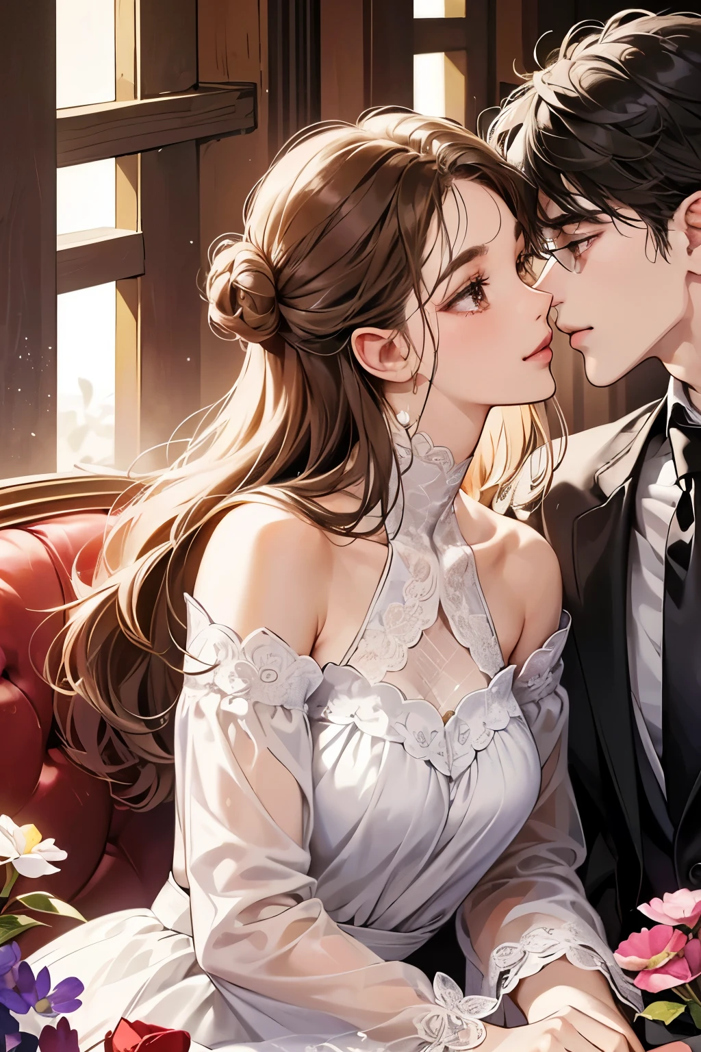 (table top, digital illustration, 4k, 8k, Super detailed, beautiful images, clear image,  perfect face, perfect lines, perfect eyes, soft lighting) 1 female, (light brown hair,bun hair,innocent look,droopy eyebrows,droopy eyes、With a round face,round chin、innocence,cute,Big eyes,natural makeup,smile gently,E cup,23 years old:1.3),Two handsome men in suits, (human,man in suit,muscular,solid shoulder width,  boyish hairstyle,A man in his 30s with a cool expression,28 year old man with a bright smile:1.2),garden full of light、lots of flowers、Squirting、colorful flower light,(embarrassing,shy smile:1.2),resort sofa,kiss、カップルkiss、romance porn、couple of man and woman looking at each other、In battle、Afternoon tea、lunch