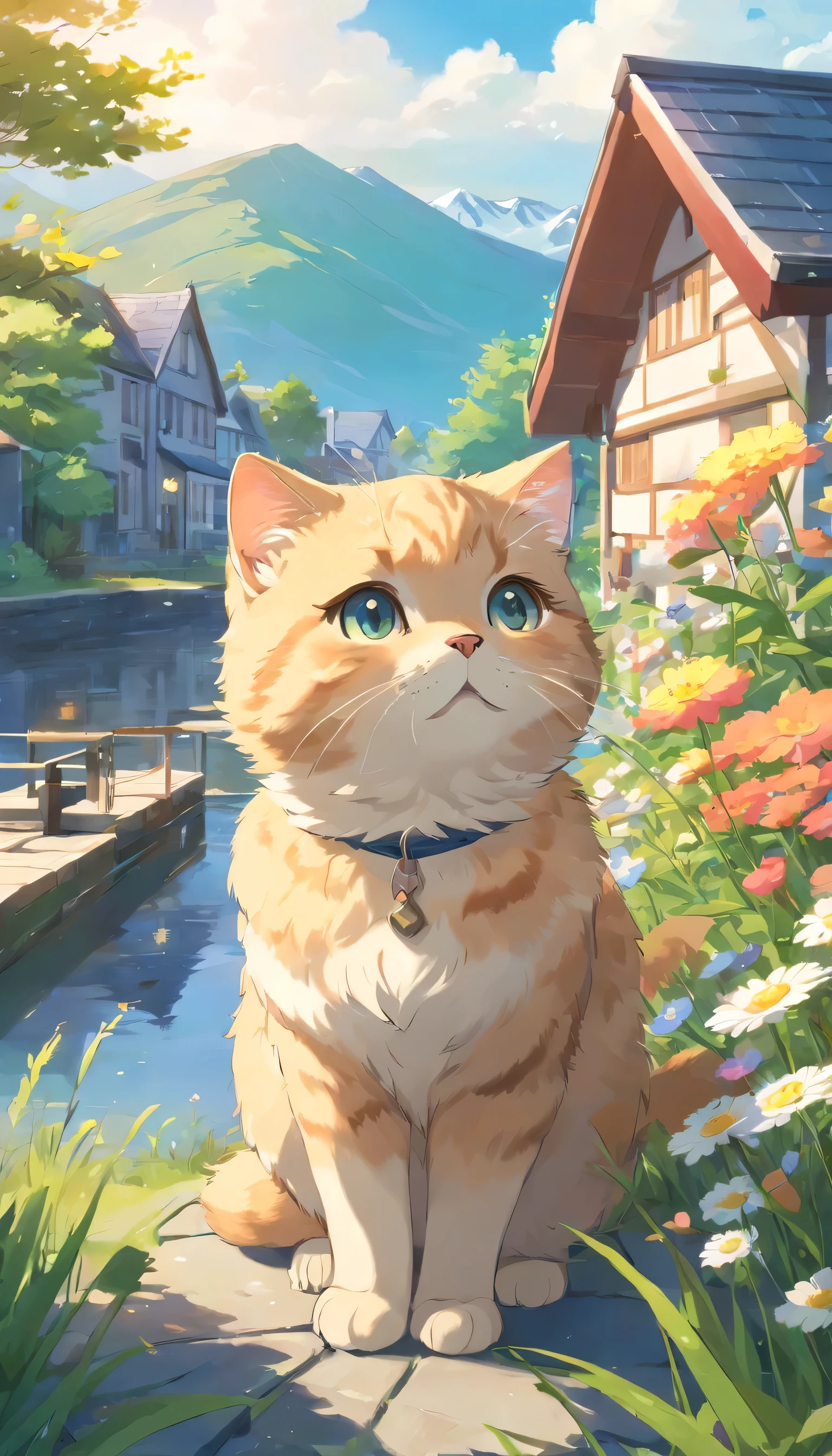 scottish furry fold cat, lakeside, the background is houses, nowy mountain, wild flower