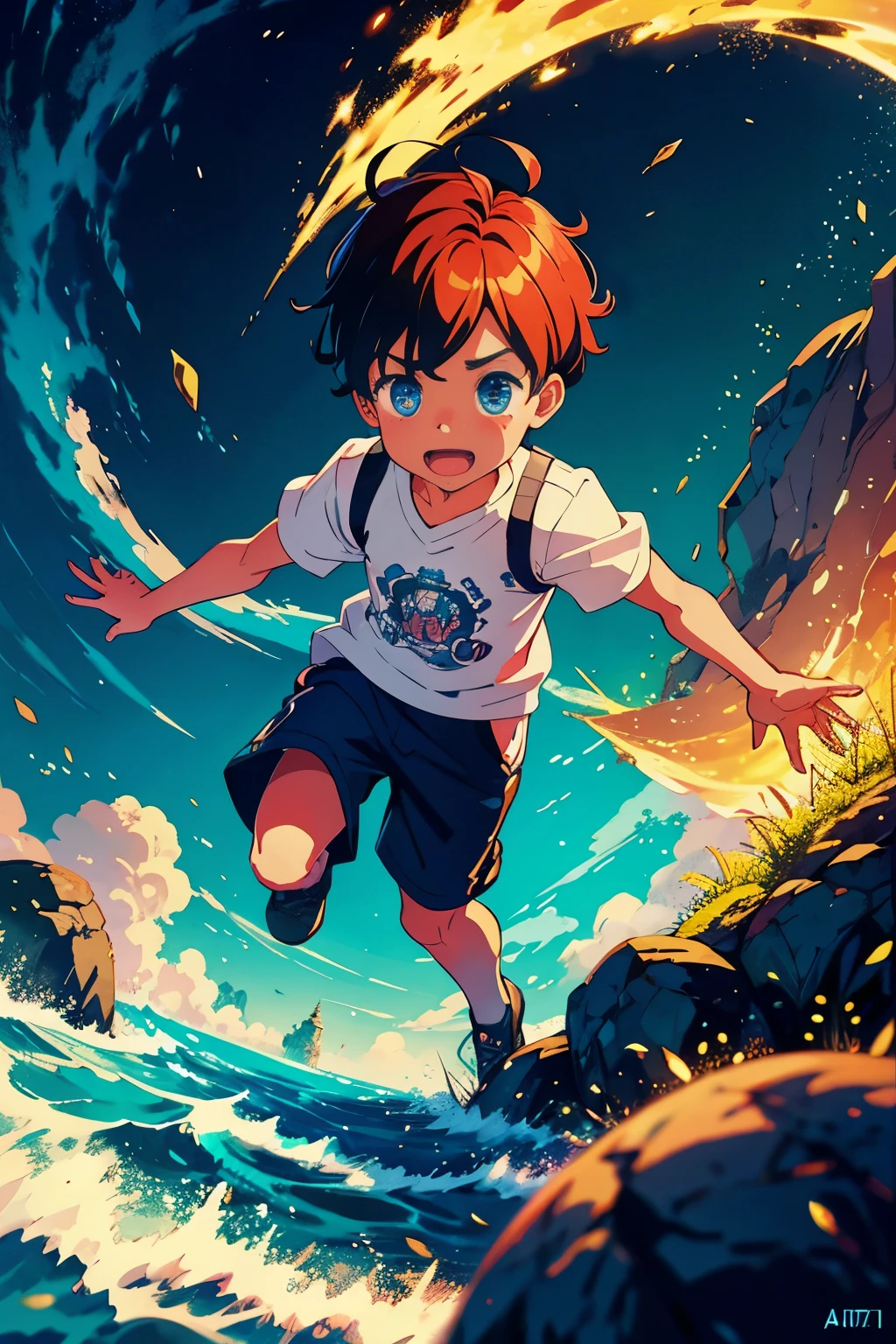 From my vantage point, I watch in delight as a little boy dashes towards me with wide, open eyes and a surprised expression. His mouth is agape, revealing his tiny, pearly white teeth. The entire scene is captured in a full-body picture, with the background subtly blurred to emphasize the boy and the dreamy, animated world behind him. The characters in this magical land are rendered in high definition, with Pixar-style detail and vibrant colors. The world around them seems to shimmer and glow, inviting a sense of wonder and fascination.