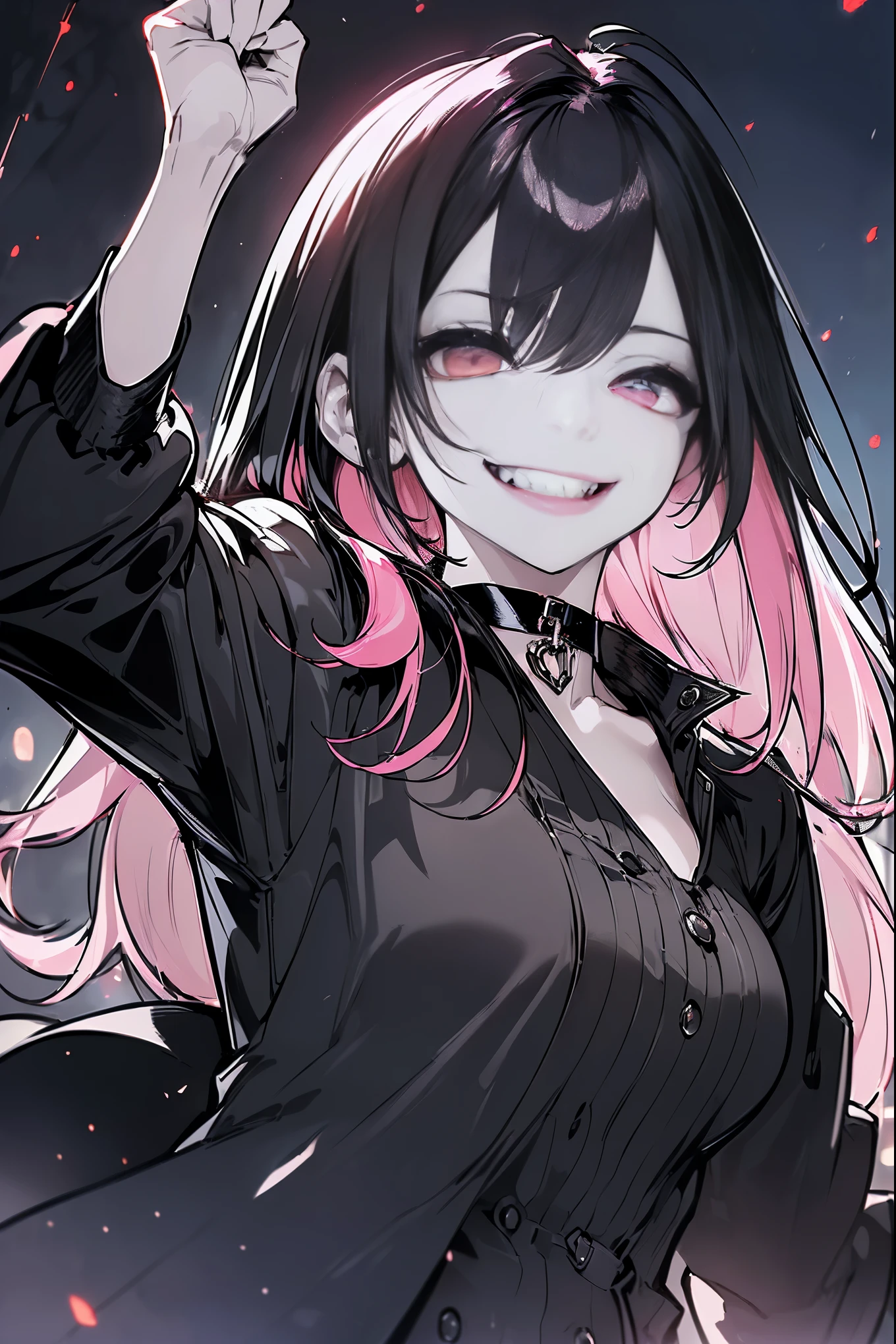 scene:0.9, (masterpiece), best quality, (((ultra detailed, 8k quality))), looking at viewer, (pink hair, side bang, expressive red eyes:0.7, glowing red eyes), (depth perception:0.7, black background,), ((torso)), ((centered)), glowing eyes, ((seductive eyeeminine, smile, close-up, neck choker, ((SFW)), oversize black jacket, face focus, (clenched teeth), (devious smile, devious eyes), shaded face, night time, dark, woman, high contrast colors, blood on face