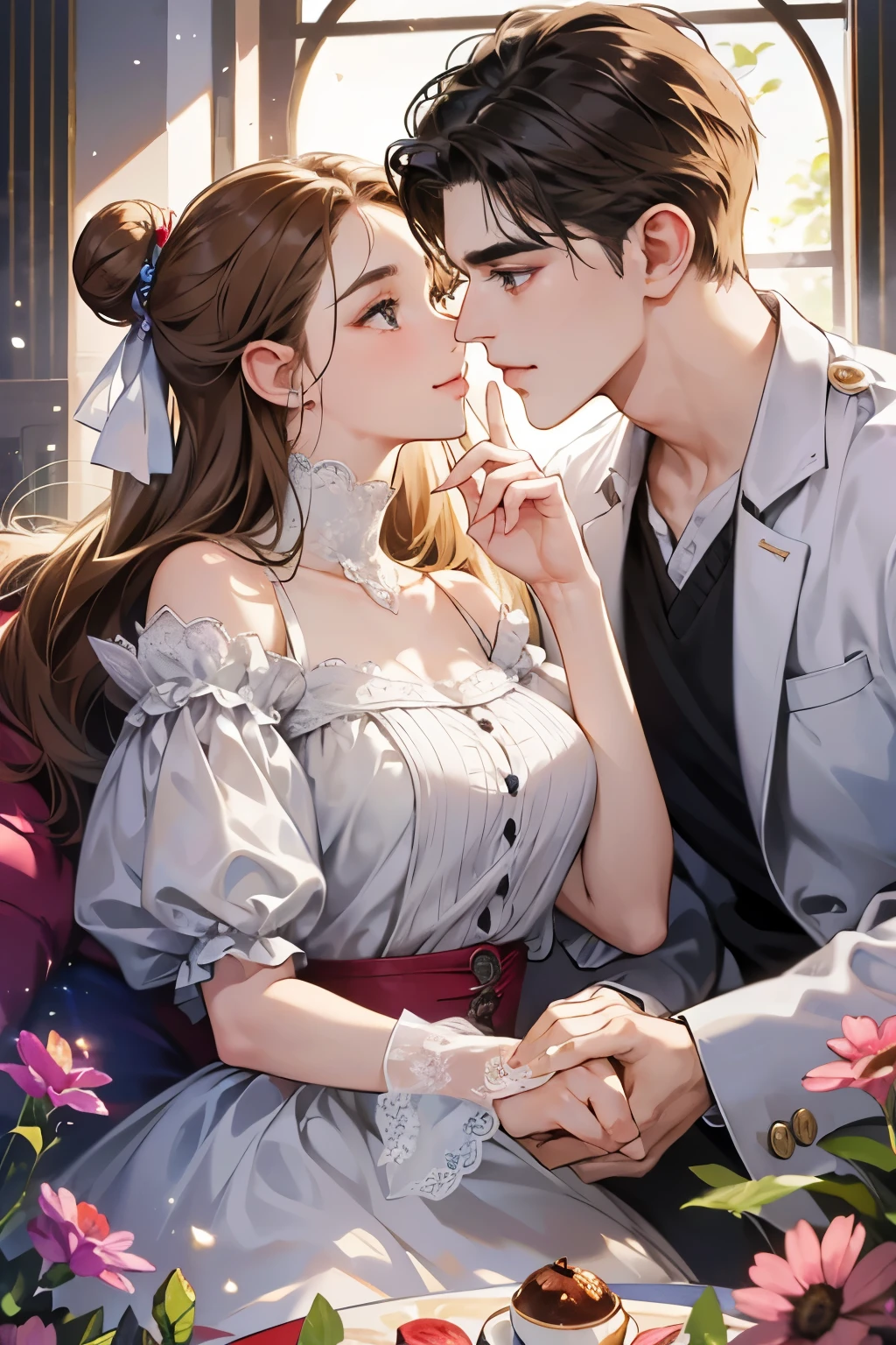 (table top, digital illustration, 4k, 8k, Super detailed, beautiful images, clear image,  perfect face, perfect lines, perfect eyes, soft lighting) 1 female, (light brown hair,bun hair,innocent look,droopy eyebrows,droopy eyes、With a round face,round chin、innocence,cute,Big eyes,natural makeup,smile gently,E cup,23 years old:1.3),Two handsome men in suits, (human,man in suit,muscular,solid shoulder width,  boyish hairstyle,A man in his 30s with a cool expression,28 year old man with a bright smile:1.2),garden full of light、lots of flowers、Squirting、colorful flower light,(embarrassing,shy smile:1.2),resort sofa,kiss、カップルkiss、romance porn、couple of man and woman looking at each other、In battle、Afternoon tea、lunch