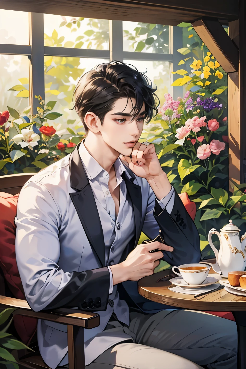 (table top, digital art, digital illustration, 4k, 8k, super detailed, beautiful images, clear image, realistic, RAW photo, perfect face, perfect lines, perfect eyes, soft lighting) ,1 female, (long black hair,straight hair,bullish look,beautiful woman,grace,Make up well,23 is a novel,:1.3),Two handsome men in suits, (human,muscular,solid shoulder width, mens,boyish hairstyle,british gentleman&#39;s style,A man in his 30s with a cool expression,28 year old man with a bright smile:1.2),Show your white teeth and smile(embarrassing,shy smile:1.1),garden full of light、squirt、resort sofa、colorful flowers、innocent smile,smile、couple kissing、kiss、the kiss、romance、Afternoon tea、lunch