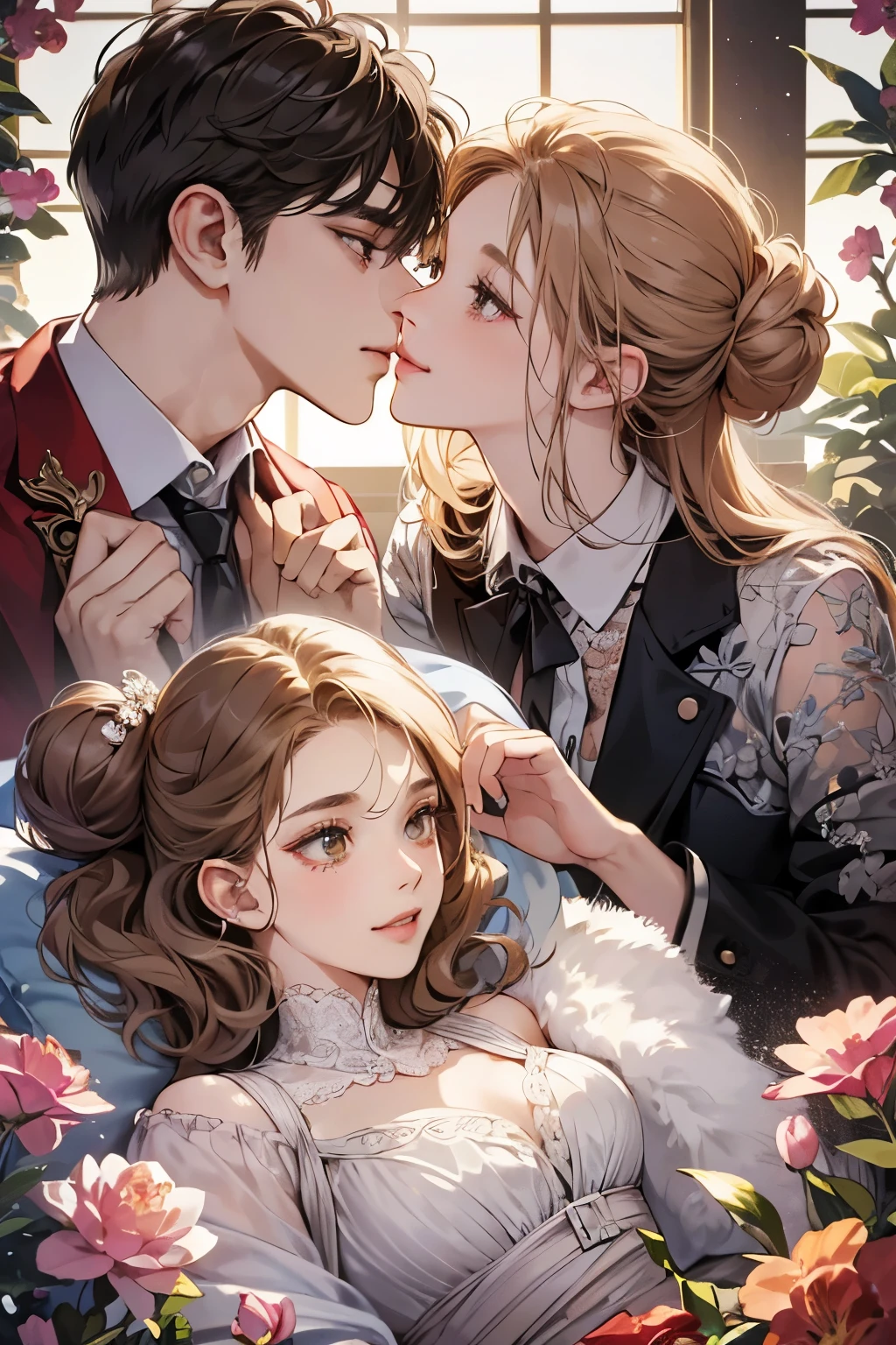 (table top, digital illustration, 4k, 8k, Super detailed, beautiful images, clear image, perfect face, perfect lines, perfect eyes, soft lighting) 1 female, (light brown hair,bun hair,innocent look,droopy eyebrows,droopy eyes、With a round face,round chin、innocence,cute,Big eyes,natural makeup,smile gently,E cup,23 years old:1.3),Two handsome men in suits, (human,man in suit,muscular,solid shoulder width, boyish hairstyle,A man in his 30s with a cool expression,28 year old man with a bright smile:1.2),garden full of light、lots of flowers、Squirting、colorful flower light,(embarrassing,shy smile:1.2),resort sofa,kiss、カップルkiss、romance porn、couple of man and woman looking at each other、In battle、Afternoon tea、lunch