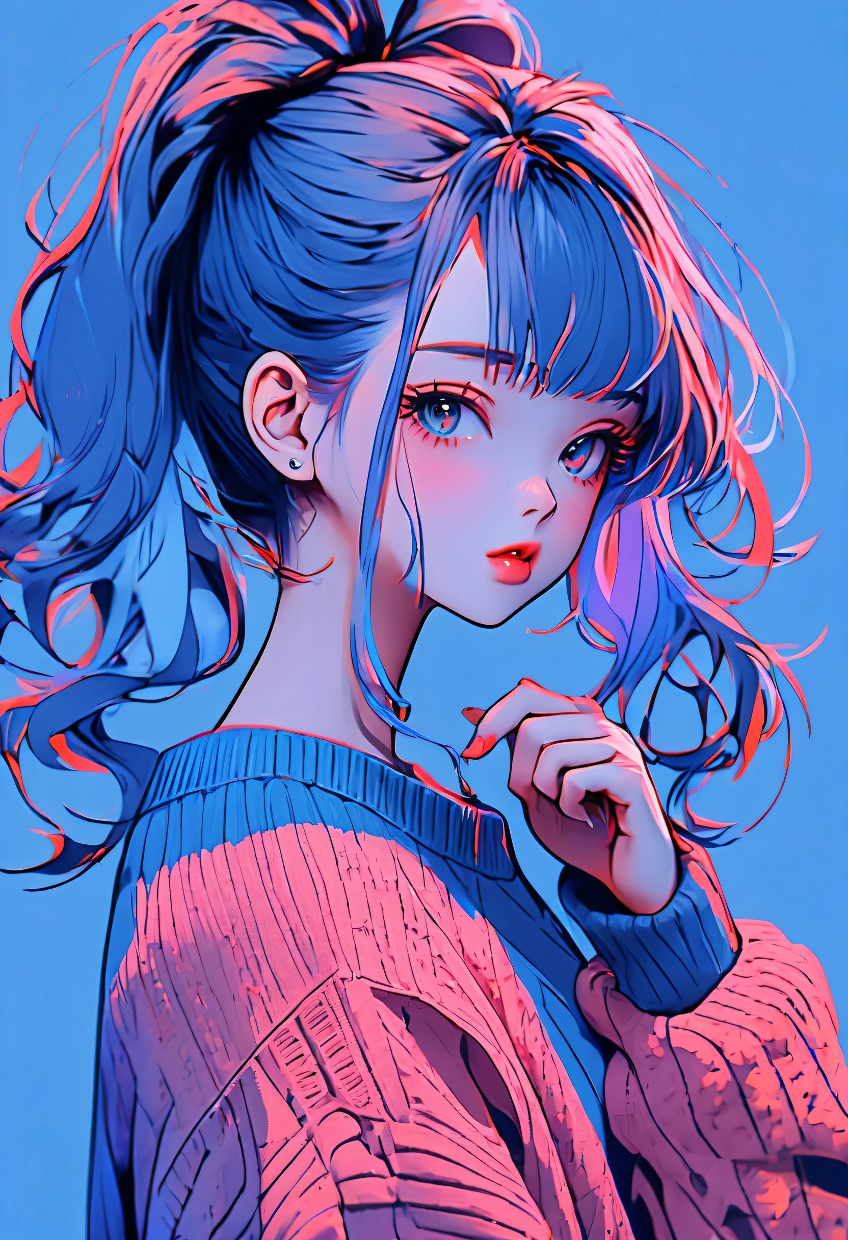illustration style, anime , realistic ,sketch , 1 girl, ,lip, sweater,order, blue gradient background, neon hair,twin tails,textured crops, Canadian, (masterpiece,highest quality)