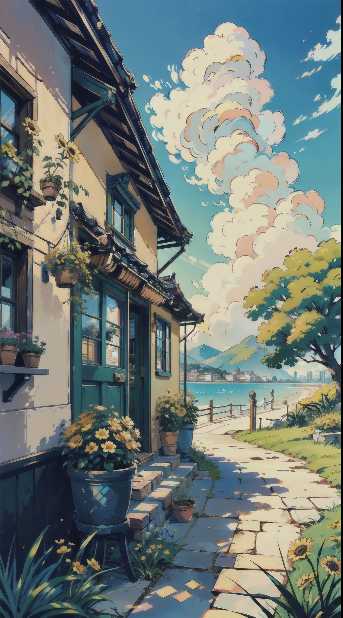 Swiss town, Seaside, scenery, casa, En plein air, sky, janelas, a plant, sky, Grass, Clouds, Plants in pots, green trees, doors, flower pots, Blue sky, architecture, chimneys, Yellow flowers, rosette, Miyazaki style