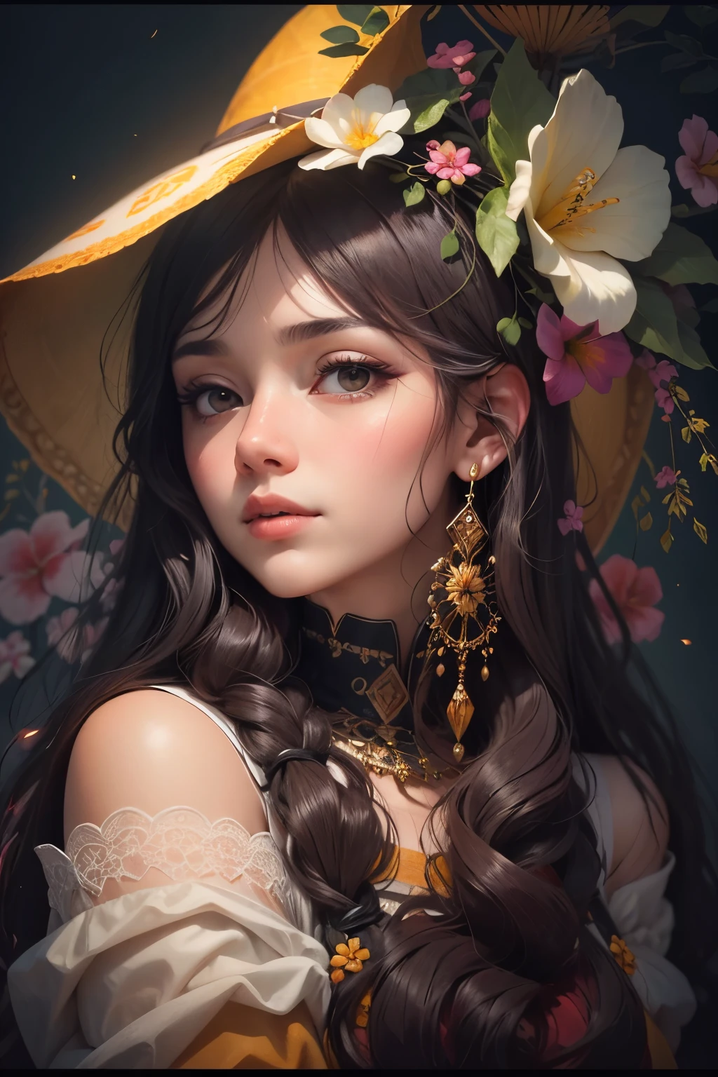 Beautiful detailed frost frost frosty Hawaiian white orange yellow winter queen soft many pink Hawaiian flowers hyperdetailed portrait 8k Leonardo da Vinci