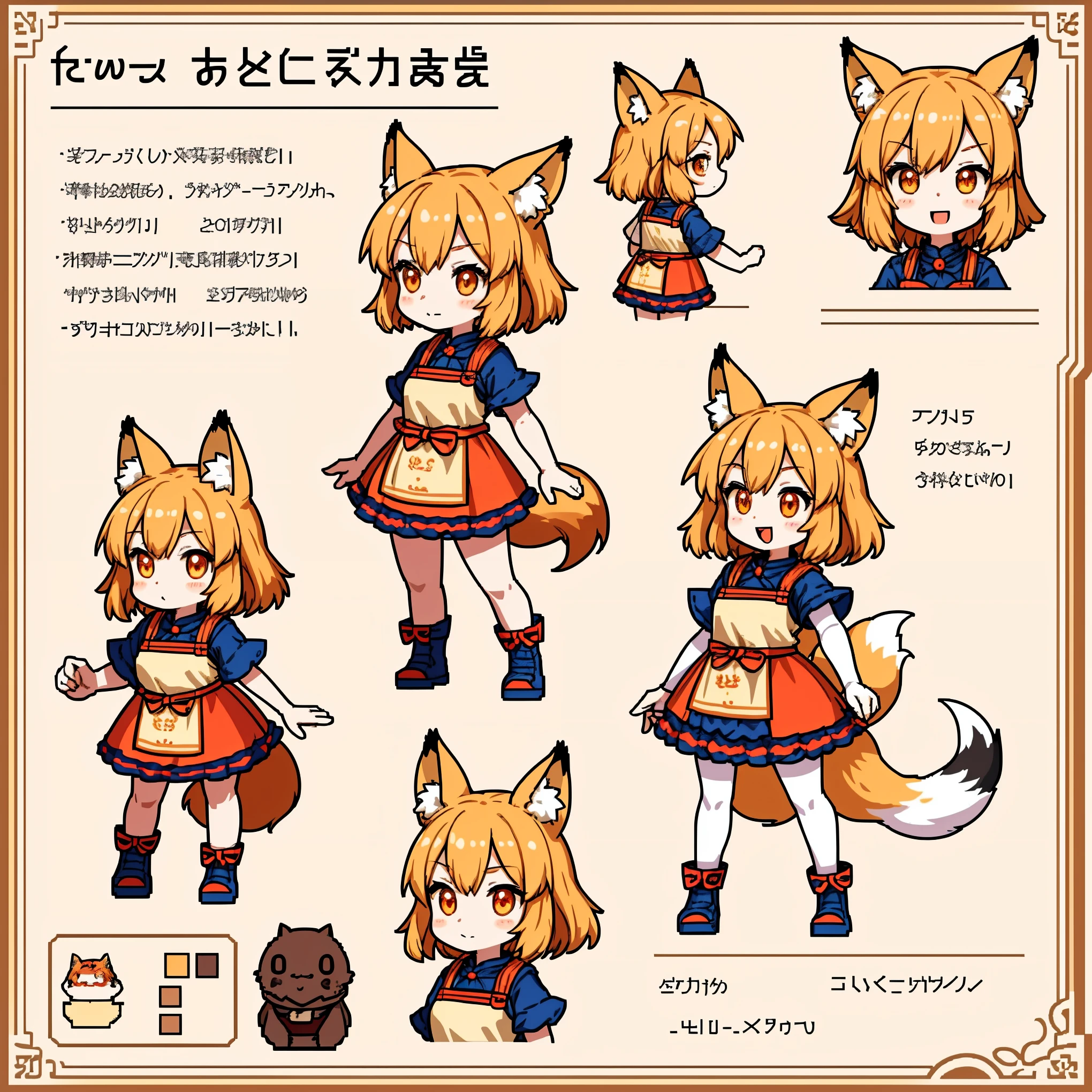 character sheet, fox girl, food-themed clothes, variations, best qualtiy, pixel
