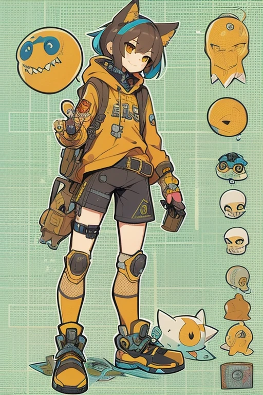 Boyish girl and creepy cute monster buddy、anime-like、Adventurer、A determined smile、Brown hair with light blue mesh、Monocle with analytical ability、Sporty、Emblem with the Ouroboros ring motif、cap with cat ears、He is equipped with a mechanical gauntlet on his right hand.、orange hoodie、Knee guard、lace up boots、One Shoulder Bag、16 years old。character design sheet、The monster is inspired by Giger.、ExpeditionStyle、Monster is mshn robo style、Card game style