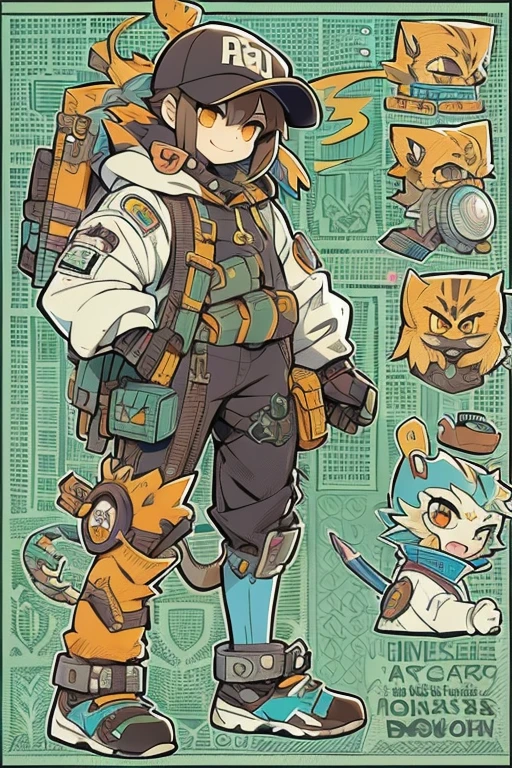 Boyish girl and creepy cute monster buddy、anime-like、Adventurer、A determined smile、Brown hair with light blue mesh、Monocle with analytical ability、Sporty、Emblem with the Ouroboros ring motif、cap with cat ears、He is equipped with a mechanical gauntlet on his right hand.、orange hoodie、Knee guard、lace up boots、One Shoulder Bag、************。character design sheet、The monster is inspired by Giger.、ExpeditionStyle、Monster is mshn robo style、Card game style