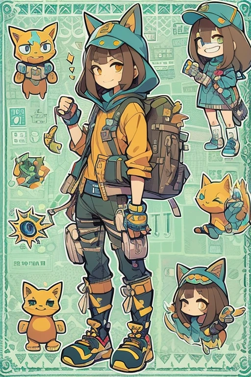 Boyish girl and creepy cute monster buddy、anime-like、Adventurer、A determined smile、Brown hair with light blue mesh、Monocle with analytical ability、Sporty、Emblem with the Ouroboros ring motif、cap with cat ears、He is equipped with a mechanical gauntlet on his right hand.、orange hoodie、Knee guard、lace up boots、One Shoulder Bag、。character design sheet、The monster is inspired by Giger.、ExpeditionStyle、Monster is mshn robo style、Card game style