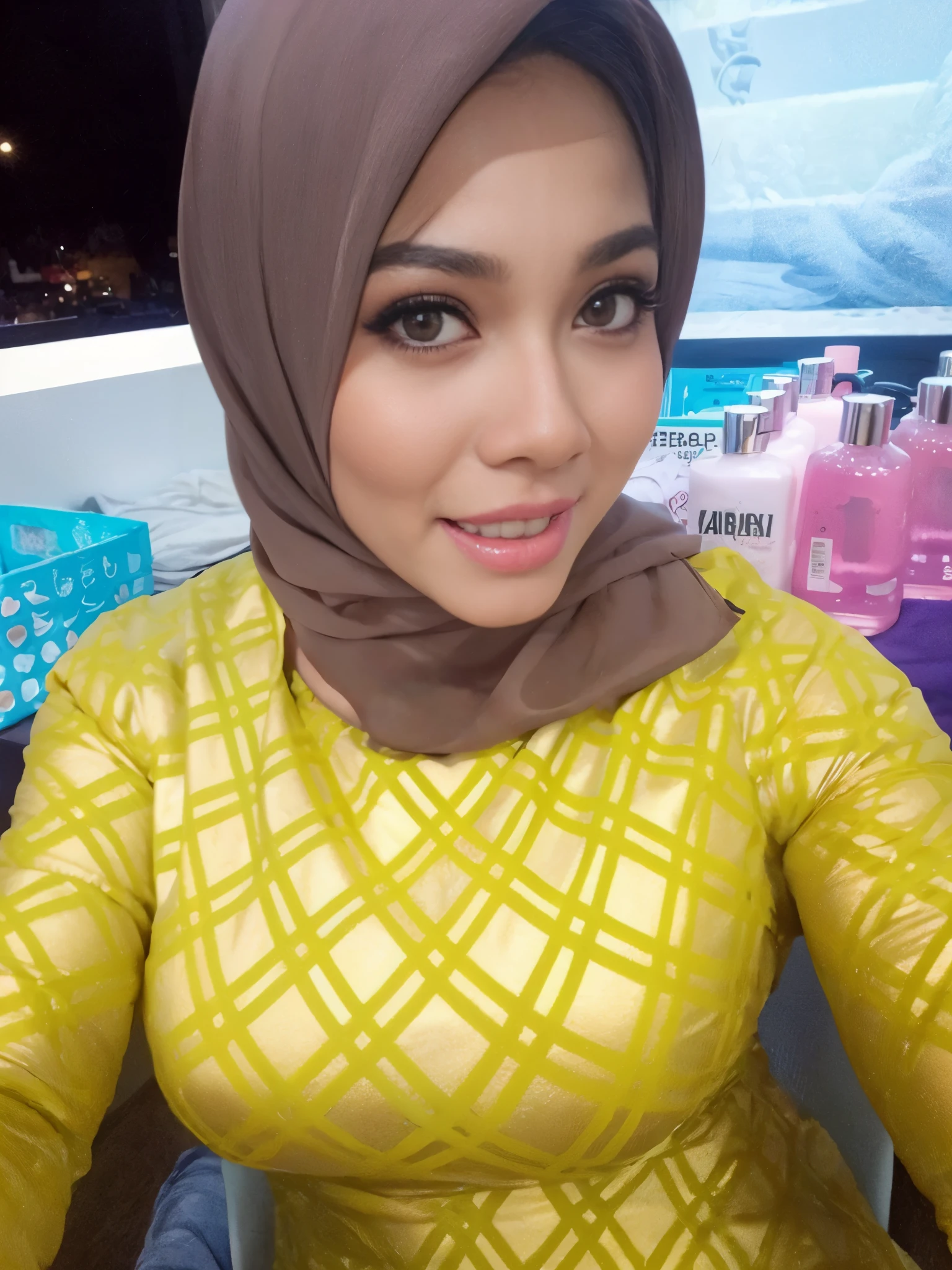 centered, head and shoulder portrait, 1girl, solo,Best quality, high resolution, masterpiece, beautiful Malay woman in hijab, Masterpiece, perfect fit body, big breast, naughty smile, thick thighs,muslim of a woman, luxury and glamour style, upper class, rich and shiny, wearing red latex trench coat with (( dramatic popped coat collar like vampire collar)), sungalsses on head, Excellent lighting, Bright colors, Clean lines.