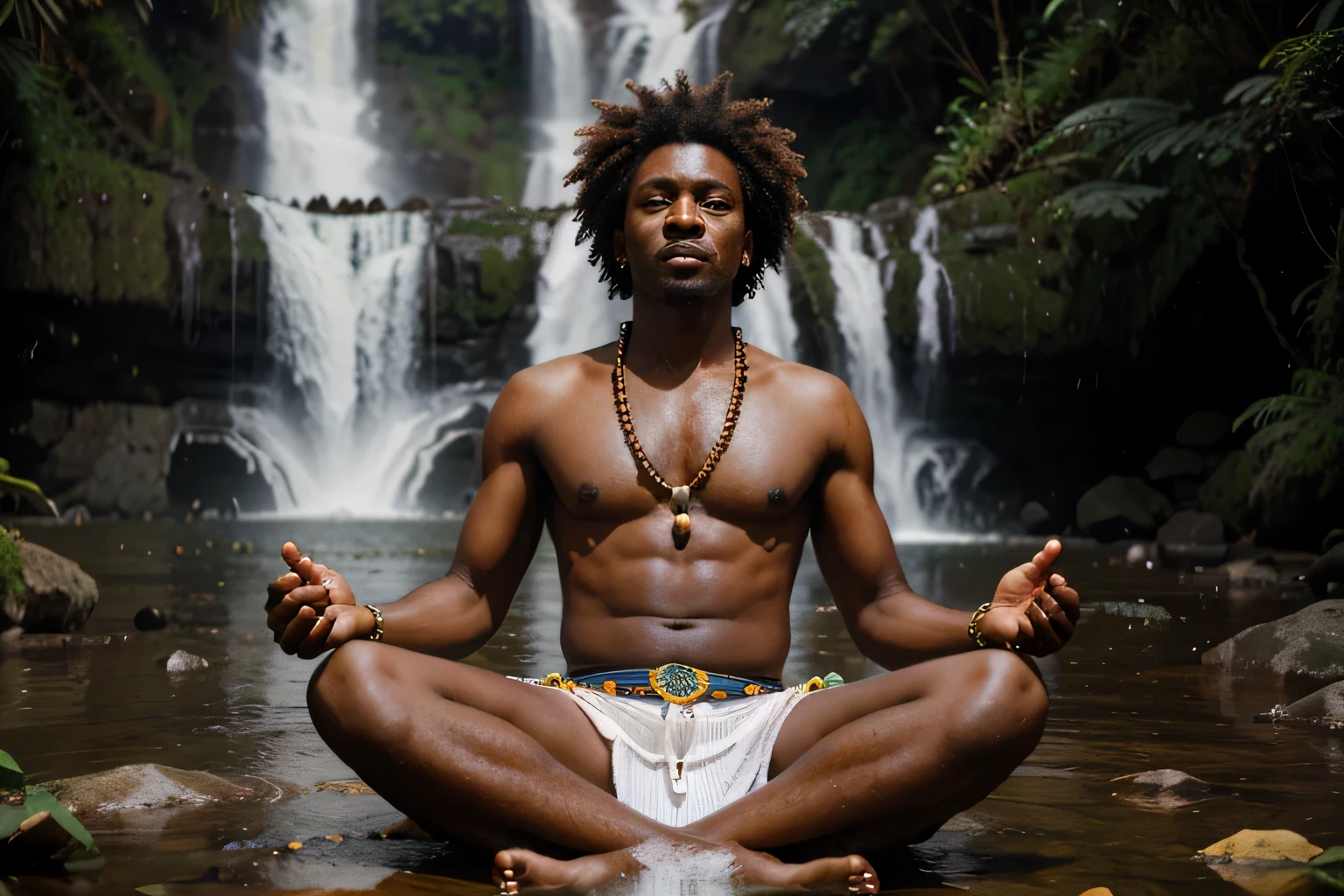 create the image of a man representing the orixá Xangô of the Afro-Brazilian cult Umbanda sitting next to a waterfall