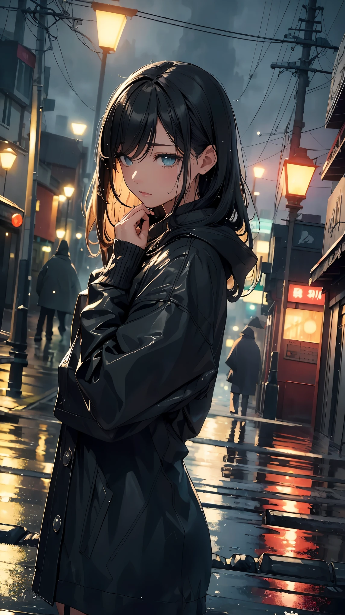(highest quality、Super detailed、real:1.37)、dark and moody、Storm Weather、soaking wet woman、Lonelyなネオンライト、reflective puddle、cityscape、heavy rain、soft shine、street、shining umbrella、blurry light、blurry atmosphere、dramatic shadow、wet pavement、sparkling reflections、Lonely、都会のnight景、wet hair、silhouette、flickering street lights、raindrop、gloomy atmosphere、city lights、romantic、Emotional、Expressive facial features、wet clothes、distorted reality、Wet eyelashes、night、aurora of melancholy、urban life、quiet and introspective、deep feelings、stormy sky、urban surrealism、Memorable beauty、Drenched beauty、visual poetry、Wet city、Pensive atmosphere、dark romance、街のnight、beauty in sadness、Calm、pure、mysteriouysterious、quiet city、reflection of emotions、rain embrace、city secrets。