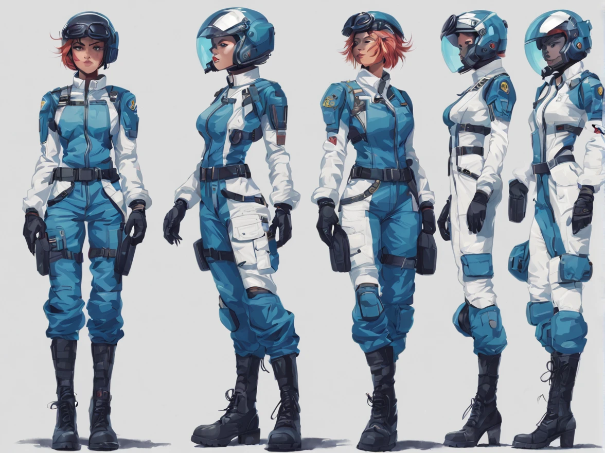 Color sketch, sci-fi, character design sheet, cyberpunk character design sheet, detailed character description, different point of view, different pose, different face mimic (happy, angry, sad, exited, adore), woman, pilot of a modern flying vehicle, stands proudly, dressed in a white and blue military pilot suit, cyberpunk elements in clothing, holds a futuristic helmet in her hand, hero pose, pride, beautiful face, short hair, punk hair style, dark eyes, light makeup, rolled up sleeves, cleavage,  military boots, HDR, facial details, technical data sheet, full pose designe sheet 