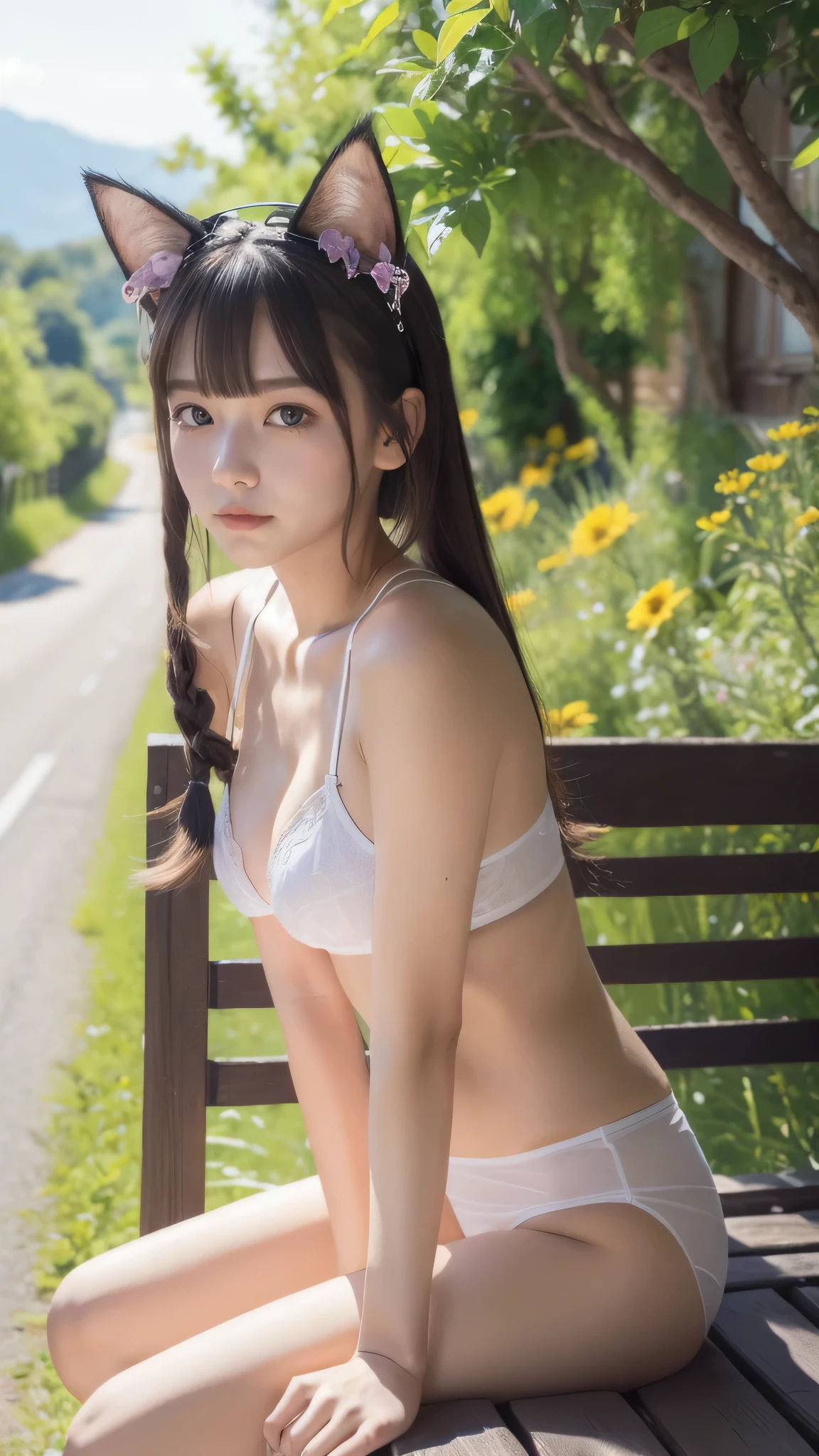 cat ears,absurd, super detailed,bright colors,(8k:1.5),Masseter muscle part,very beautiful detailed face and eyes、valley、summer morning、Ghibli,Random pose sitting on a bench,summer country road