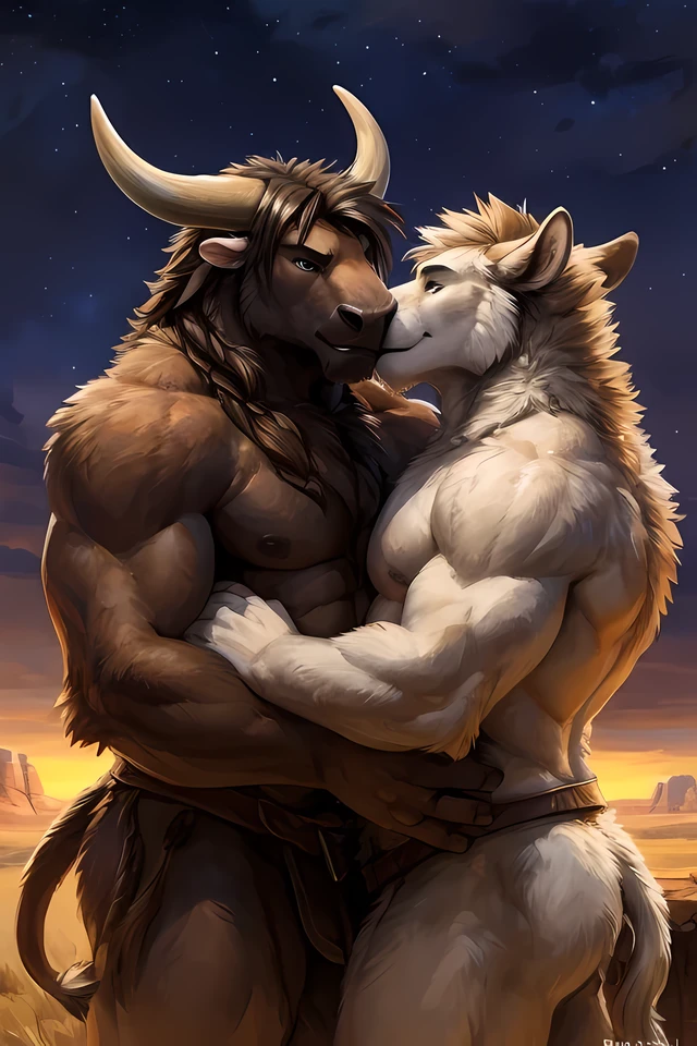 two anthro male tauren bulls, full body covered in fluffy soft fur, big muscular body, big muscular chest, volumetric abs, sensual, detailed, uploaded to e621, beautiful and detailed portrait of two anthropomorphic tauren bull males, kenket, ross tran, ruan jia, zaush, foxovh, bare chest, outdoor natural setting, mulgore, plains and mesas, large mesas, nighttime, stars, thunderbluff city on a mesa in the background, thunderbluff in the background on a mesa, full body, long bull tails, depth of field, thick powerful thighs, handsome faces, strong jawline, handsome face, soft detailed eyes, lovers, holding each other close