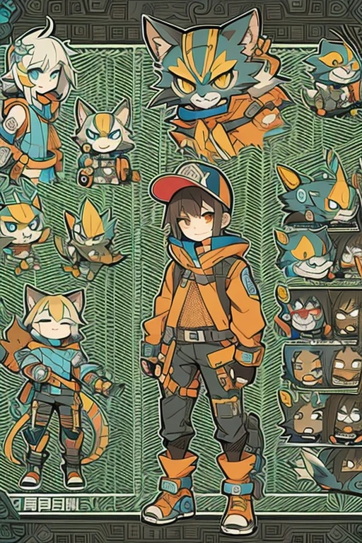 Boyish girl and creepy cute monster buddy、anime-like、Adventurer、A determined smile、Brown hair with light blue mesh、Monocle with analytical ability、Sporty、Emblem with the Ouroboros ring motif、cap with cat ears、He is equipped with a mechanical gauntlet on his right hand.、orange hoodie、Knee guard、lace up boots、One Shoulder Bag、16 years old。character design sheet、The monster is inspired by Giger.、ExpeditionStyle、Monster is mshn robo style、Card game style