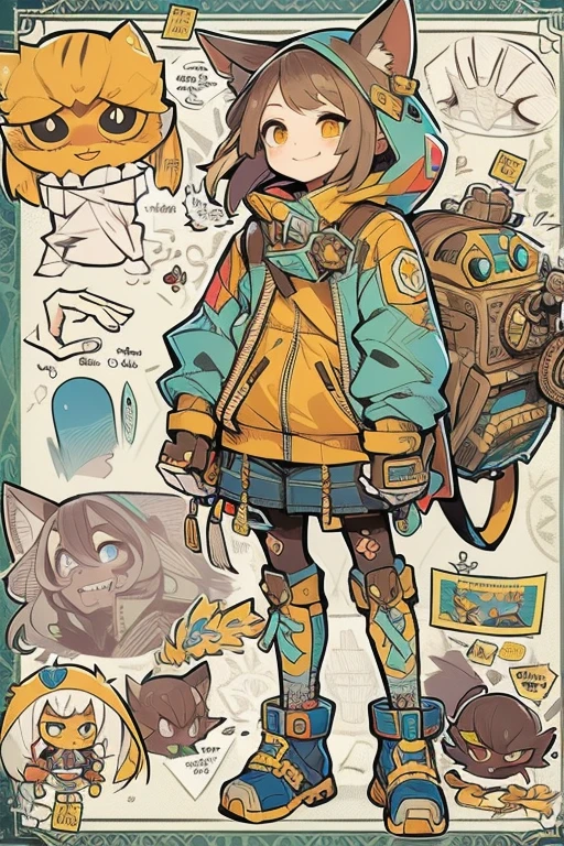 Boyish girl and creepy cute monster buddy、anime-like、Adventurer、A determined smile、Brown hair with light blue mesh、Monocle with analytical ability、Sporty、Emblem with the Ouroboros ring motif、cap with cat ears、He is equipped with a mechanical gauntlet on his right hand.、orange hoodie、Knee guard、lace up boots、One Shoulder Bag、。character design sheet、The monster is inspired by Giger.、ExpeditionStyle、Monster is mshn robo style、Card game style