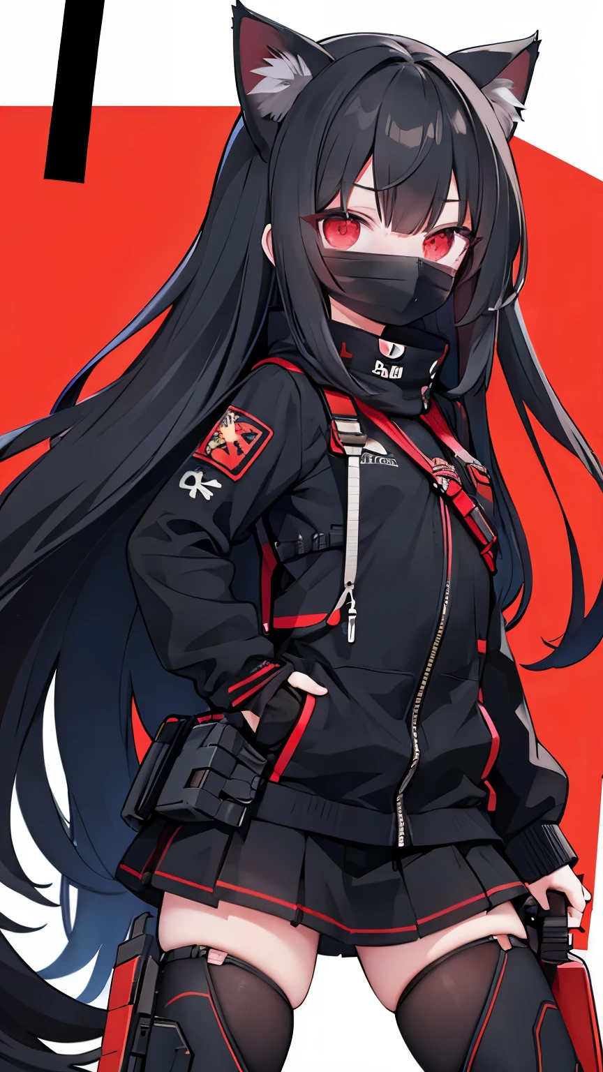 long black hair,Cat-eared girl,red eyes,tactical clothing,black mask,Transparent sports goggles