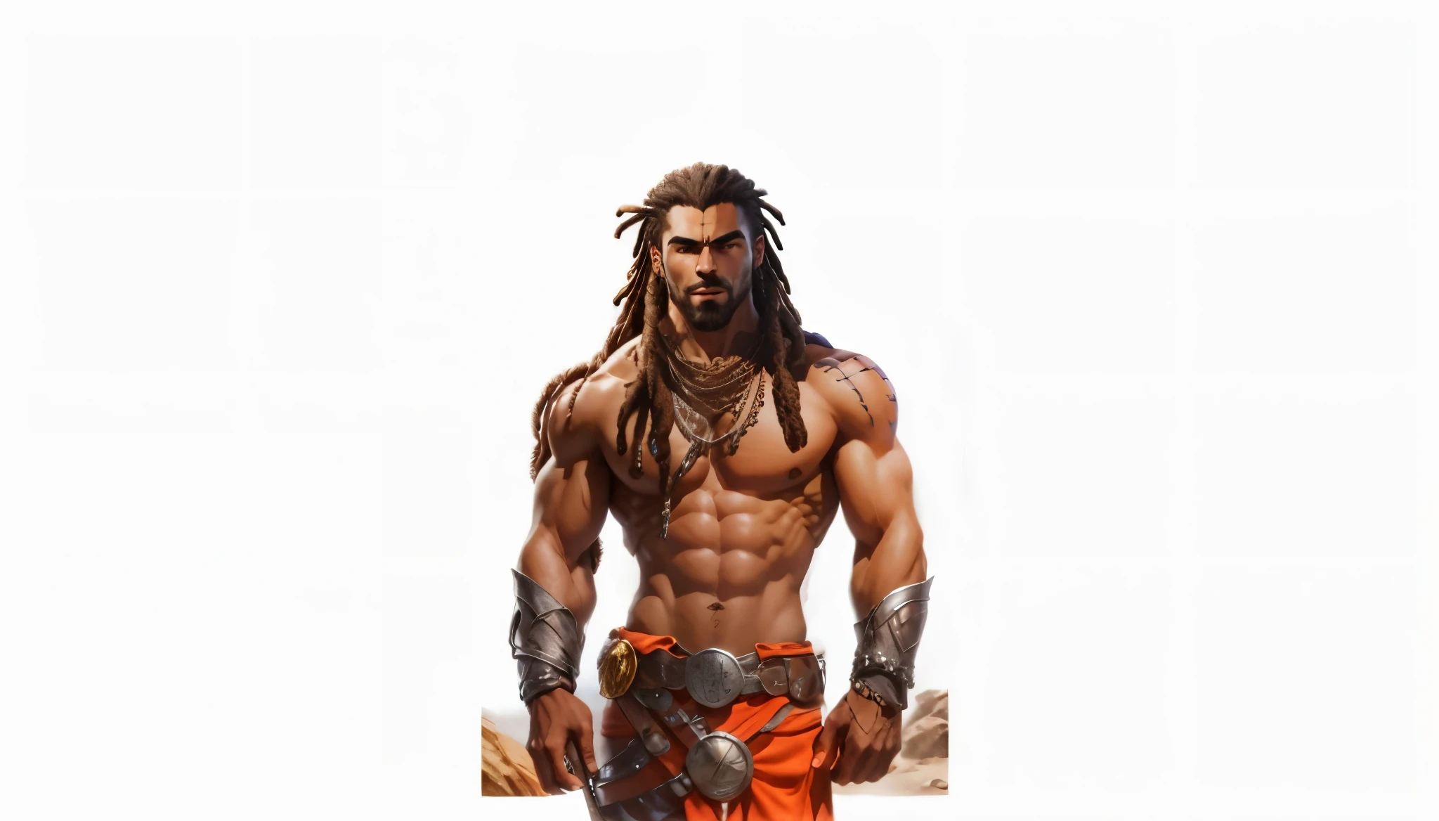 arafed man with dreads and a leather belt standing in front of a white background, technoviking male with no shirt, picture of an adult male warrior, male warrior, djinn human hybrid, male barbarian, muscular character, male character, human male character art, muscular characters, handsome prince of persia, complex fantasy character, barbarian, barsoom, rpg character