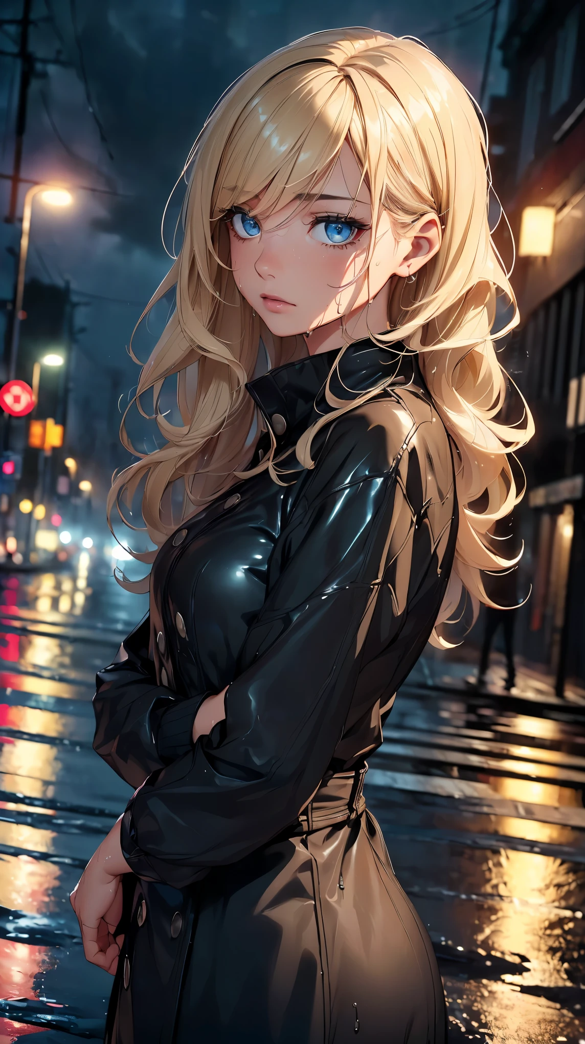 (8k, RAW photo, 最high quality, masterpiece:1.2), High-definition RAW color photo, Professional photo shoot, cinematic light, alone, (((young woman))), (detailed expression), (round eyes), (small face), (high detail skin:1.2), clavicle, cute face, beautiful appearance, long eyelashes, (blonde, long wavy hair, blue eyes), (slim body shape:1.4), very detailed顔と肌の質感, fine eyes, double eyelid, ((dark and moody, Storm Weather, soaking wet woman, wet and disheveled hair, Lonelyなネオンライト, reflective puddle, cityscape, heavy rain, soft shine, street, blurry light, blurry atmosphere, dramatic shadow, wet pavement, sparkling reflections, Lonely, city night view, wet hair, silhouette, flickering street lights, raindrop, gloomy atmosphere)), beautiful skin, shiny skin, perfect fingers, five fingers, anatomically correct, background bokeh, high quality, surreal, bright colors, ((nikon, 135㎜, f/1.8, very detailed, photo shoot)),