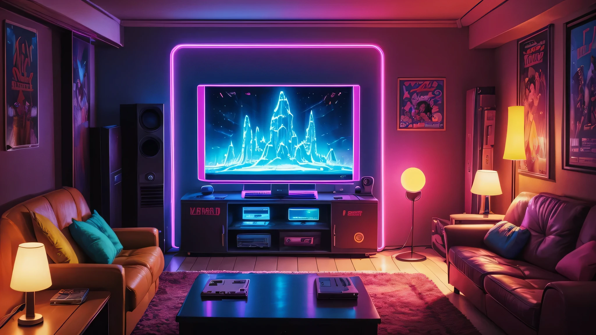 ((best quality)), ((masterpiece)), (detailed), an 80's adolescent room with movie posters, Nintendo video games (old CRT boxy TV), strong neon lights, lava lamp, volumetric lighting, octane, UHD, very saturated, close up, very colorful, sofa, Toys,