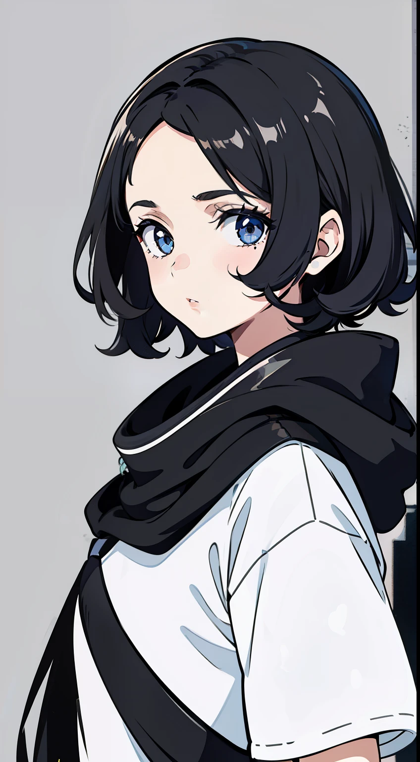 Girl, side portrait, Black and white, Messy short hair, Avant-garde accessories,Sporty style, Casual T-shirt, Confident gaze, monochromatic color scheme, Looks to the side, Chic street fashion,((One guy)),(Long hair),A hood worn on his head, Head and neck shawl fabric,Thick and plump hair volume, Rich curls cover the forehead and ears