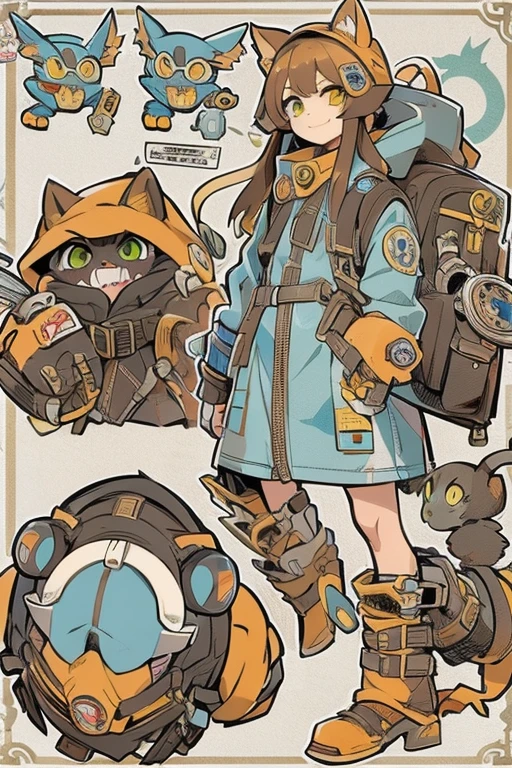 Boyish girl and creepy cute monster buddy、anime-like、Adventurer、A determined smile、Brown hair with light blue mesh、Monocle with analytical ability、Sporty、Emblem with the Ouroboros ring motif、cap with cat ears、He is equipped with a mechanical gauntlet on his right hand.、orange hoodie、Knee guard、lace up boots、One Shoulder Bag、16 years old。character design sheet、The monster is inspired by Giger.、ExpeditionStyle、Monster is mshn robo style、Card game style