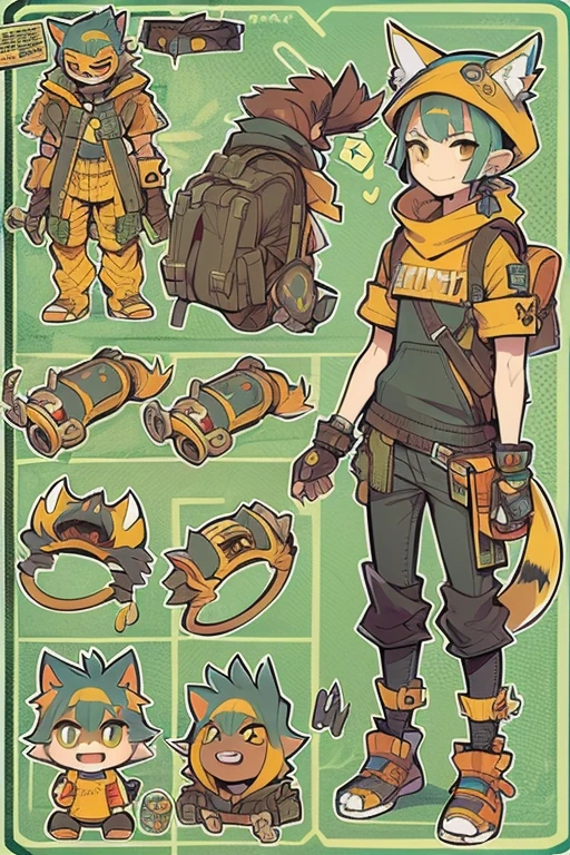 Boyish girl and creepy cute monster buddy、anime-like、Adventurer、A determined smile、Brown hair with light blue mesh、Monocle with analytical ability、Sporty、Emblem with the Ouroboros ring motif、cap with cat ears、He is equipped with a mechanical gauntlet on his right hand.、orange hoodie、Knee guard、lace up boots、One Shoulder Bag、16 years old。character design sheet、The monster is inspired by Giger.、ExpeditionStyle、Monster is mshn robo style、Card game style