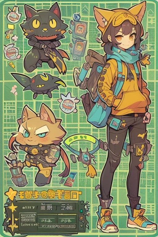 Boyish girl and creepy cute monster buddy、anime-like、Adventurer、A determined smile、Brown hair with light blue mesh、Monocle with analytical ability、Sporty、Emblem with the Ouroboros ring motif、cap with cat ears、He is equipped with a mechanical gauntlet on his right hand.、orange hoodie、Knee guard、lace up boots、One Shoulder Bag、16 years old。character design sheet、The monster is inspired by Giger.、ExpeditionStyle、Monster is mshn robo style、Card game style