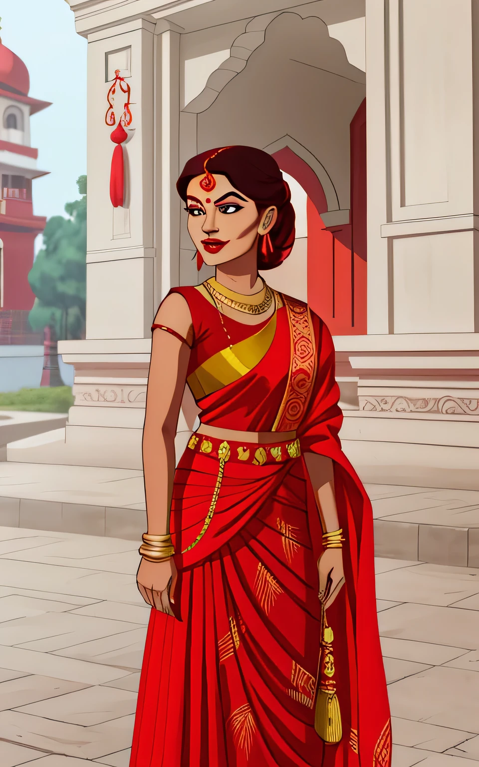 a woman in a red dress standing in front of a building, red hues, traditional beauty, fine details. red, assamese aesthetic, colorful with red hues, wearing a red outfit, dressed in a sari, shot on sony a 7, indian goddess, wearing red attire, shades of red, inspired by T. K. Padmini, closeup portrait shot