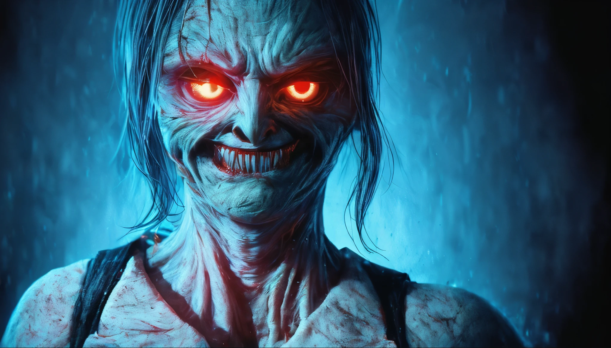(Upper body、from the chest up:1.5), disgusting horror images, unknown creature、evil smile and glowing eyes, Awesome color art in 4K, Best Jump Scare Scenes, Very scary, glowing eyes and mouth, red eyes shine, his eyes are red and shining, blue shining face, completely red eyes、No pupil、split mouth
