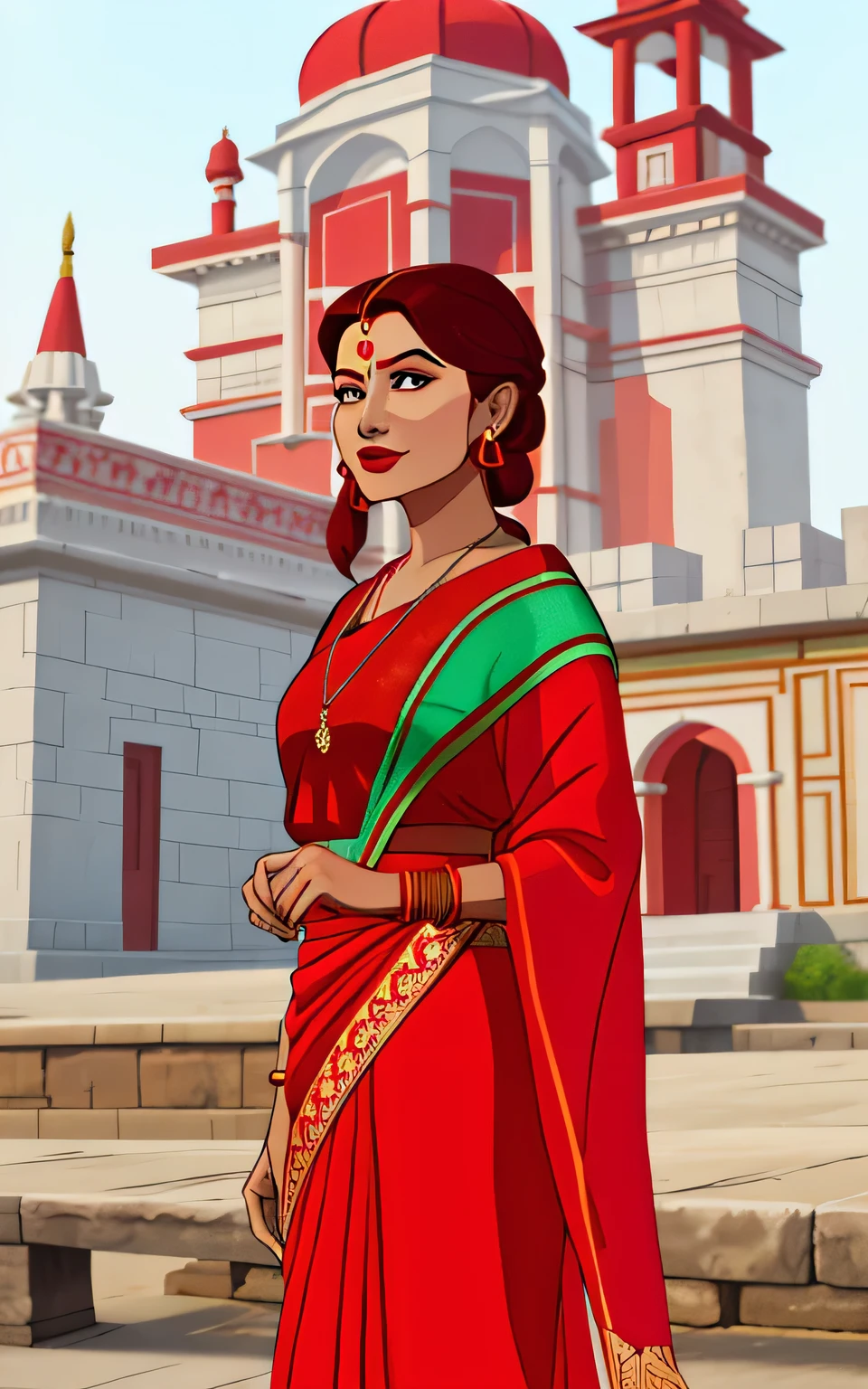 a woman in a red dress standing in front of a building, red hues, traditional beauty, fine details. red, assamese aesthetic, colorful with red hues, wearing a red outfit, dressed in a sari, shot on sony a 7, indian goddess, wearing red attire, shades of red, inspired by T. K. Padmini, closeup portrait shot