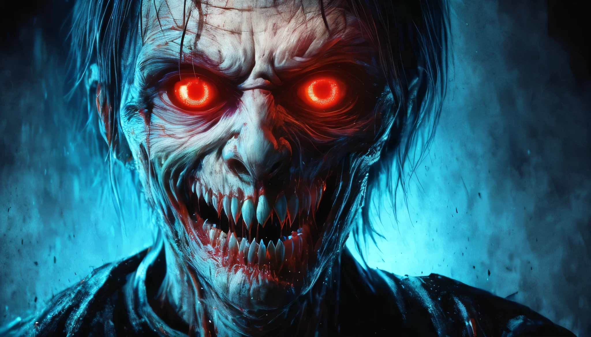 (Upper body、from the chest up:1.5), disgusting horror images, unknown creature、evil smile and glowing eyes, Awesome color art in 4K, Best Jump Scare Scenes, Very scary, glowing eyes and mouth, red eyes shine, his eyes are red and shining, blue shining face, completely red eyes、No pupil、split mouth