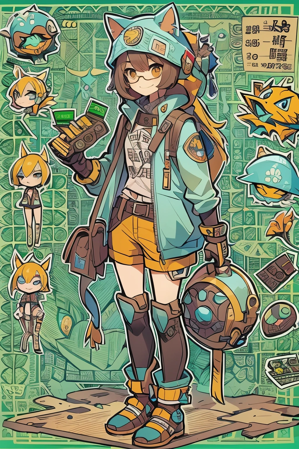 Boyish girl and creepy cute monster buddy、anime-like、Adventurer、A determined smile、Brown hair with light blue mesh、Monocle with analytical ability、Sporty、Emblem with the Ouroboros ring motif、cap with cat ears、He is equipped with a mechanical gauntlet on his right hand.、orange hoodie、Knee guard、lace up boots、One Shoulder Bag、************。character design sheet、The monster is inspired by Giger.、ExpeditionStyle、Monster is mshn robo style、Card game style