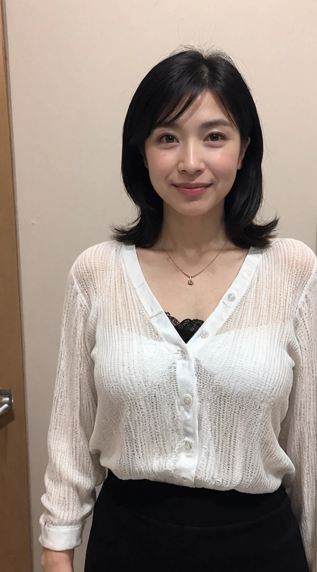 ((highest quality, 8k, photo shoot: 1.3)), (viewer display), photorealism, sharp focus on breasts, alone, Japan,wavy hair, wrinkles around the eyes, emphasize the chest, ((big breasts:1.3))),,30 years old, (pencil skirt:1.0), (manhattan lace blouse:1.0),Stand on your own two feet