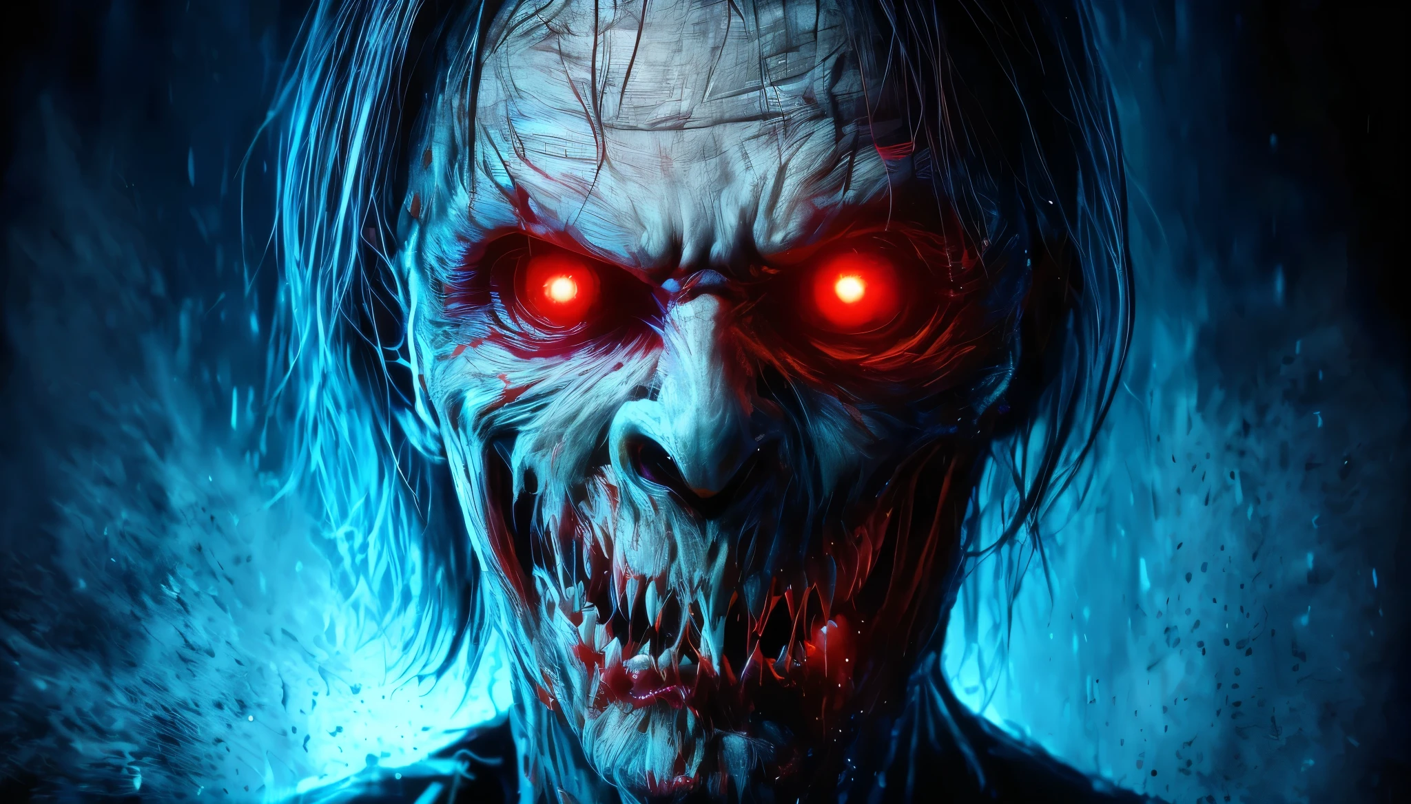 (Upper body、from the chest up:1.5), disgusting horror images, unknown creature、evil smile and glowing eyes, Awesome color art in 4K, Best Jump Scare Scenes, Very scary, glowing eyes and mouth, red eyes shine, his eyes are red and shining, blue shining face, completely red eyes、No pupil、split mouth,　human skin