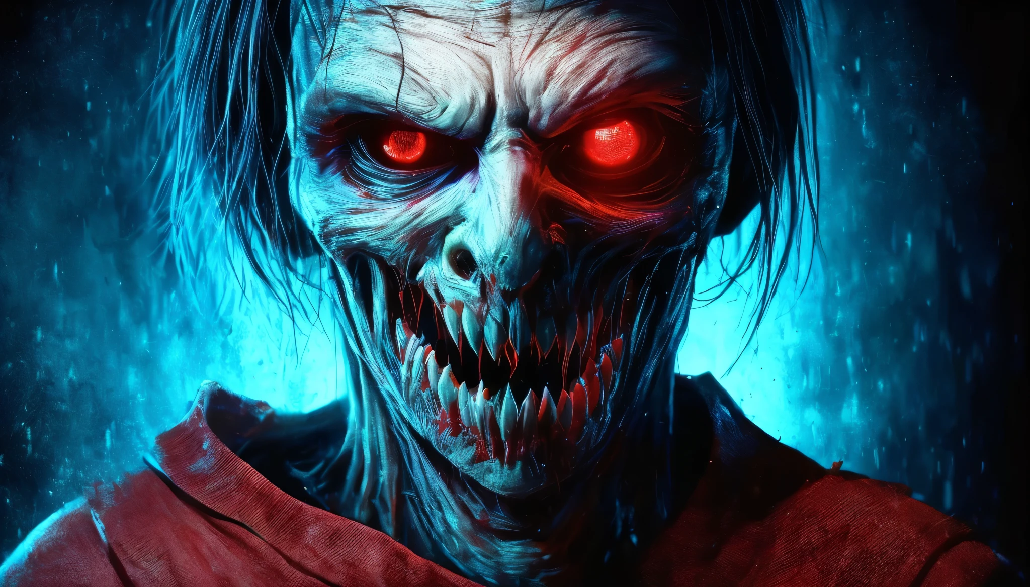 (Upper body、from the chest up:1.5), disgusting horror images, unknown creature、evil smile and glowing eyes, Awesome color art in 4K, Best Jump Scare Scenes, Very scary, glowing eyes and mouth, red eyes shine, his eyes are red and shining, blue shining face, completely red eyes、No pupil、split mouth, skin