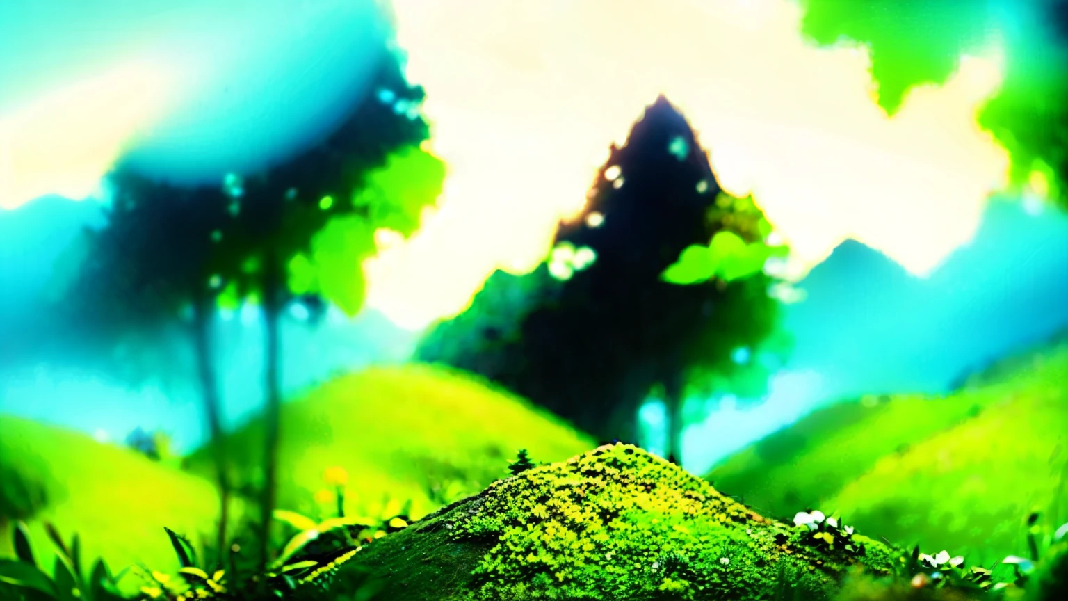 detailed, beautiful, landscape, blissful, grateful, delightful, happy, outside, in the forest, in the ocean, on the mountain, fantasy, art academia, calm atmosphere, dreamy atmosphere, mystical atmosphere, wide shot, panoramic composition, bloom, in focus with blurred background, long exposure, wide-angle lens, --ar 16:9