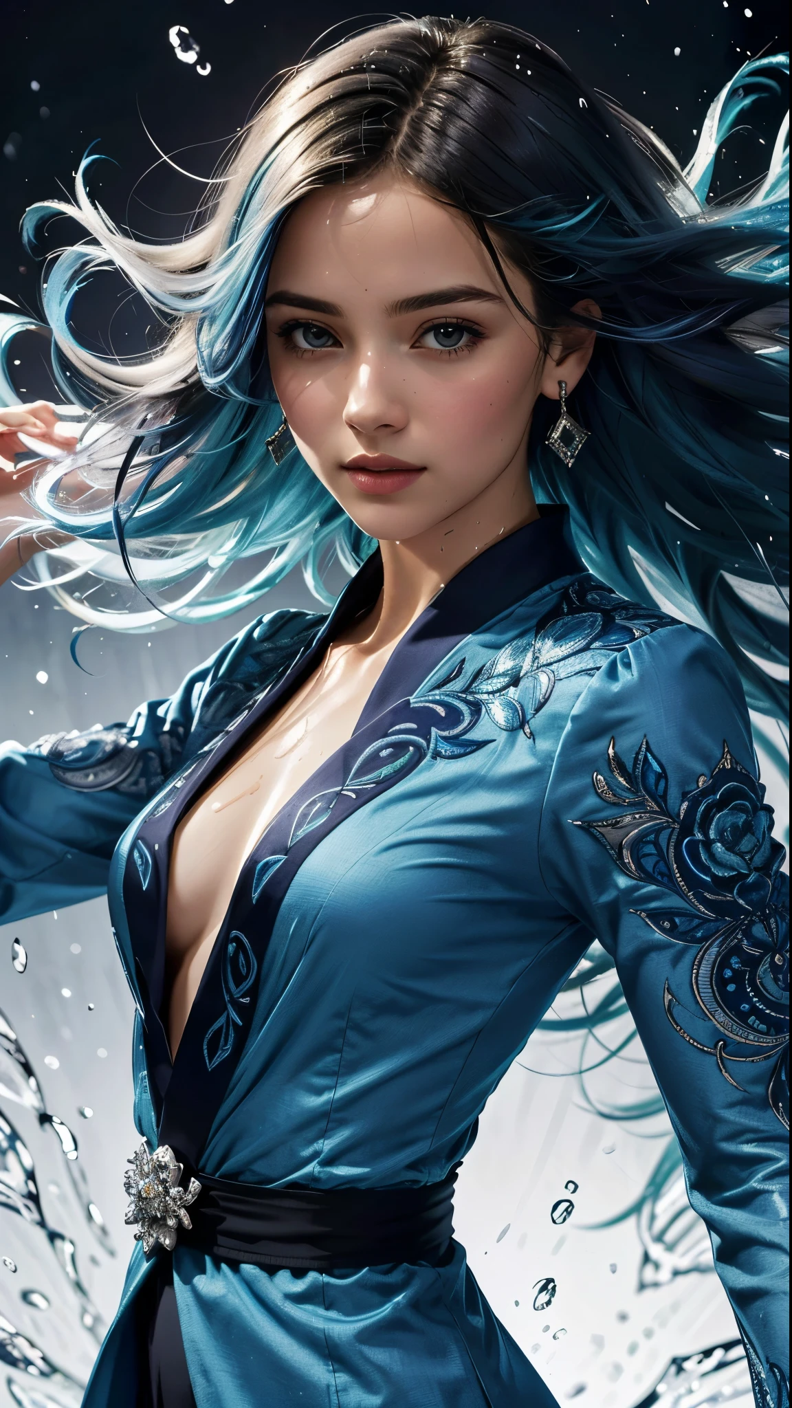 Alicia Vikander (best quality, masterpiece, colorful, dynamic angle, highest detailed)full body photo, ull body photo epic realistic, (close up), 1girl, floating blue_hair, long hair, (water:0.7), waterdrop, wet, holding_katana, blue_kimono with intricate pattern, ultra detailed, (textured_clothing), black_background, (intricate details, hyperdetailed:1.15), detailed, light passing through hair, (official art, extreme detailed, highest detailed),