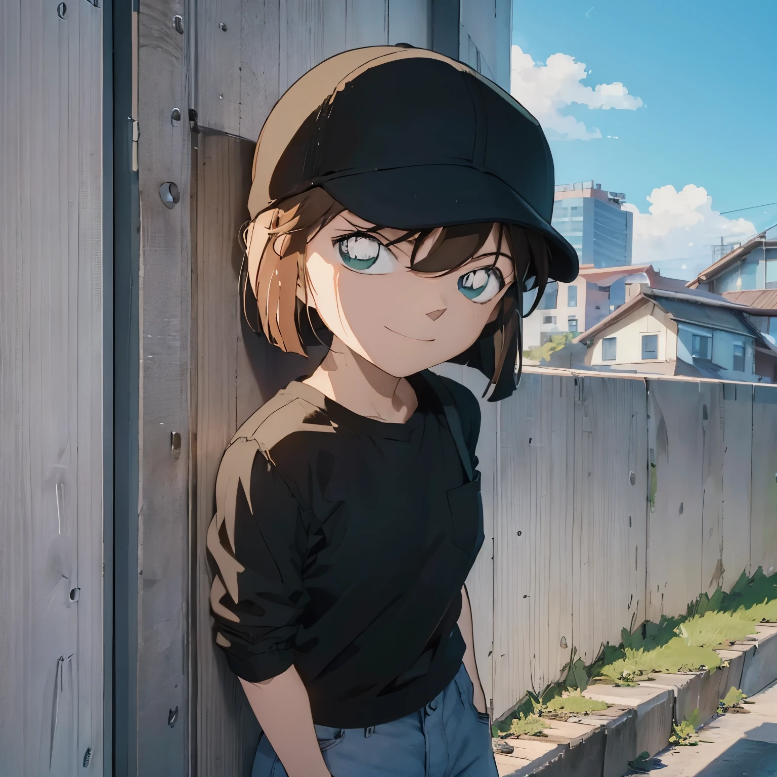 street、Leaning against a concrete wall、Wear a deep green cap、Hold the brim of the cap with your right hand、black t-shirt_gray jacket_green oversized pants_large sneakers、put your left hand in your pocket、profile、A little smile、Haihara Ai 1 person、Like a meeting_waiting
