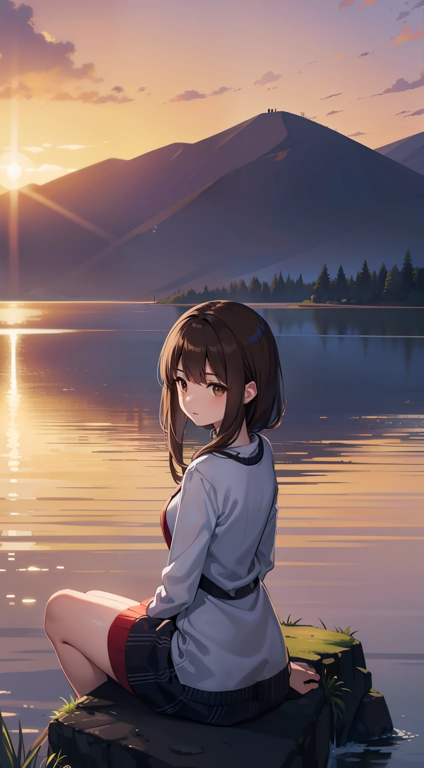 Generate one girl, brown hair, brown eyes, those who have peace within themselves, Her character design lacks the following characteristics, introspective, smart, calm and relaxing, masterpiece, very detailed, High resolution, super sharp, 8k, sitting by the lake, Stare at the sunset in quiet wonder and meditation.