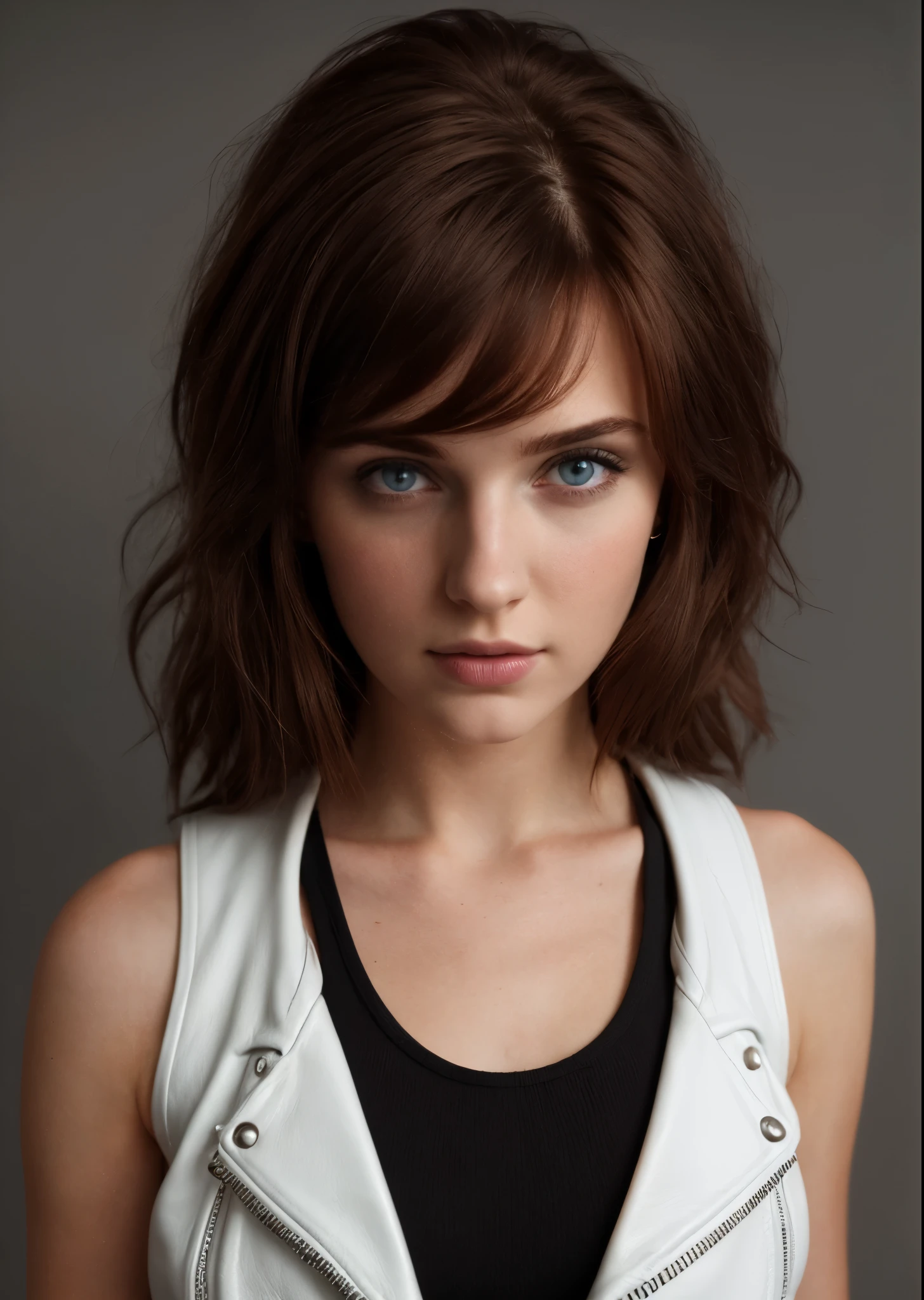 wearing a  white leather jacket and black tank top and black pants in the bottom, 1.2, Looking at Viewer, ful body view, Cinematic lighting, Perfect, softlight, High resolution skin:1.2, Realistic skin texture, 24 years old woman、a small face、no-makeup,Bust B Cup, no cleavage show, Blue eyes, short hair, red brown hair, grey background, defined eyes
