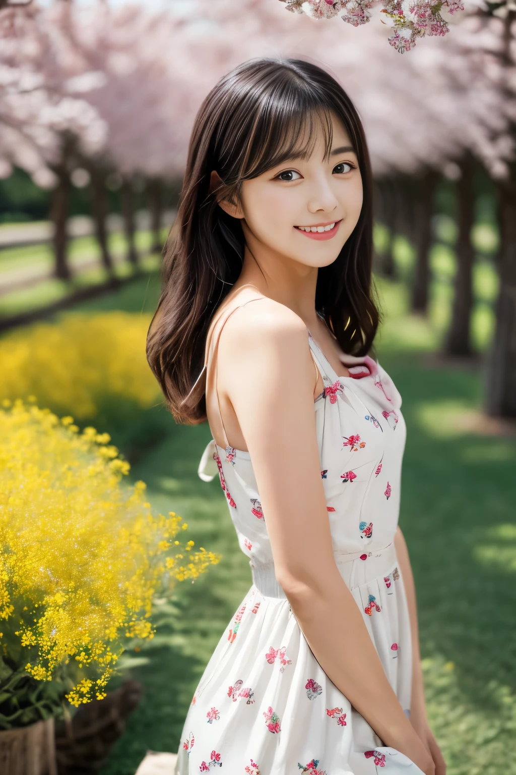 masterpiece, Best Quality, 8K, 1 lady, (35 years old), Teen ager, smile, Solo, (A super cute idol-like face:1.2), Delicate girl, Black hair, middle bob hair, straight hair, bangs, Looking at Viewer, Candid, Sophisticated, Professional Lighting, Film grain, whole body, beautiful figure, The background is a field of yellow rape blossoms and rows of cherry blossom trees, (White floral pattern dress:1.2), tiny chest, Sitting on the bench,
