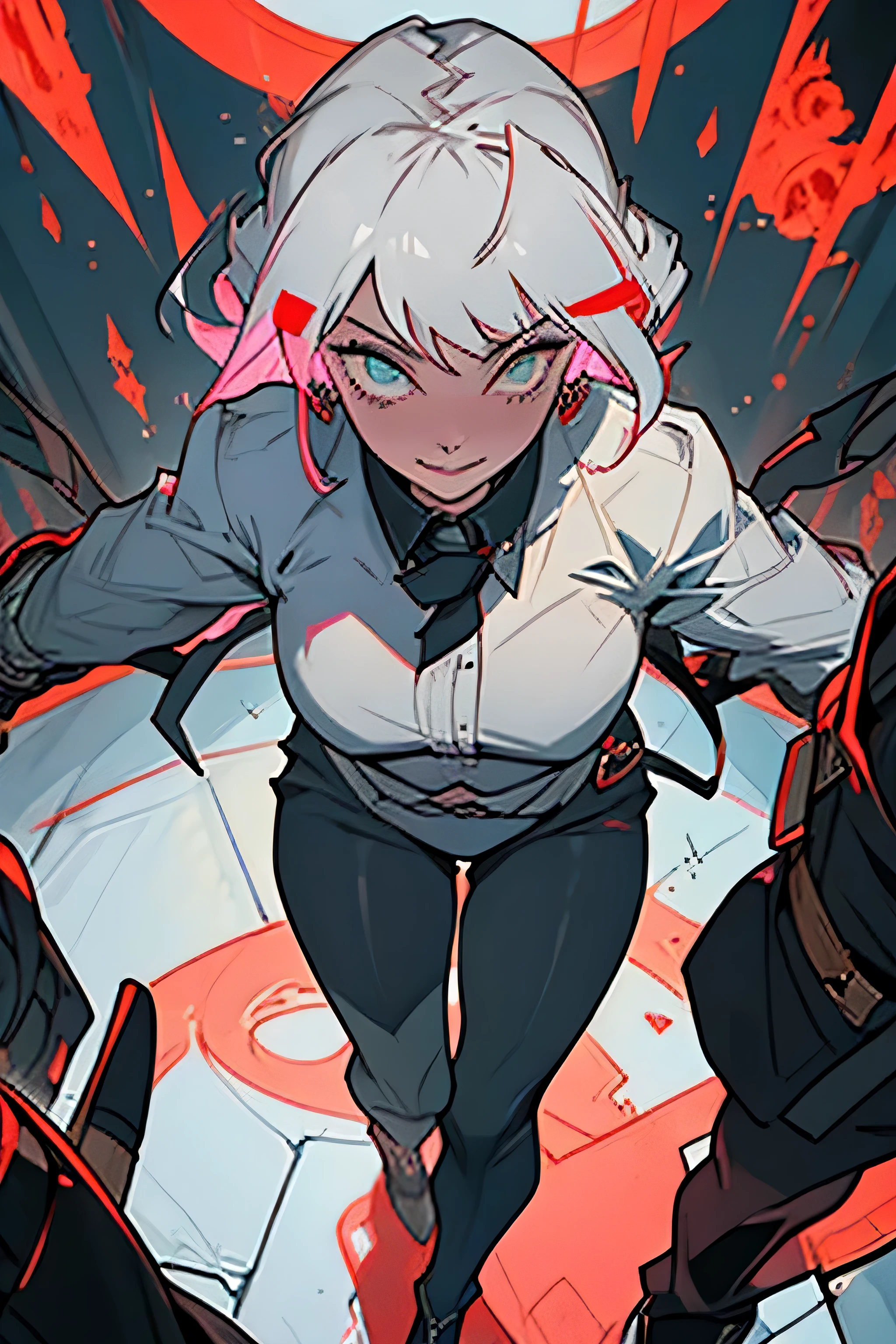 Makima, a paradox wrapped in crimson hues, strides through the world of Chainsaw Man with an enigmatic grace. Her visage, a canvas of contradictions, defies easy categorization. A devil in human guise, she bears the weight of dominion upon her shoulders, and her appearance mirrors this duality.Makima’s eyes, those portals to the abyss, harbor secrets untold. Yellow irises, encircled by crimson rings, pierce through pretense and flesh alike. They hold the weight of dominion—the fear of control—within their depths. When she gazes upon you, it is not mere curiosity but calculation that lingers. Her pupils, like twin eclipses, devour light and reason, leaving only shadows in their wake.Her attire, a uniform of authority, whispers of bureaucracy and bloodshed. Breast enhance size, and her half-dressed jacket adds to her disheveled and sexual powerful look. A white shirt, crisp and unyielding, conceals the sinewy strength beneath. A black tie, a noose of formality, binds her to duty. The pants, tailored to precision, allow for swift movement—necessary when dealing with devils and their ilk. Brown shoes, scuffed by countless battles, ground her to reality.But it is her smile—the deceptive curve of her lips—that beguiles all who encounter her. It stretches across her face, a porcelain mask of benevolence. Yet, look closer. The smile does not reach her eyes; they remain cold, calculating. It is a smile that conceals daggers, a velvet glove over iron claws. When she speaks, her voice drips with honeyed menace, each syllable a thread in her intricate web of control.