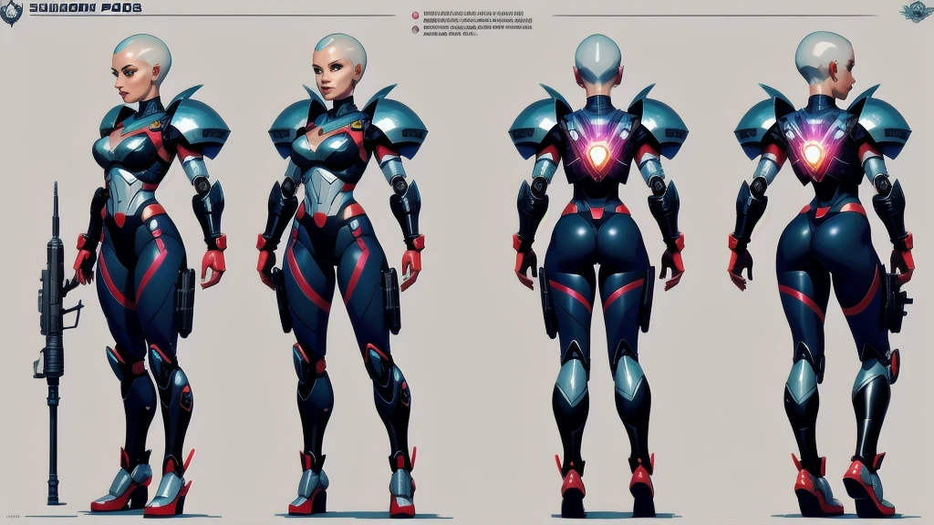 (character design sheet of female robot) realistic, detailed, camera eyes, metalic face and skin, bold head, no hair, flexible armor, standing posture, light background, vibrant colors, professional concept art style, high resolution, studio lighting, fine details, gun, Machine guns, shield, swords, Bazooka Cannon, missiles, Missile pods, Communicator, Energy pods, Ammunition magazines , dynamic pose, 