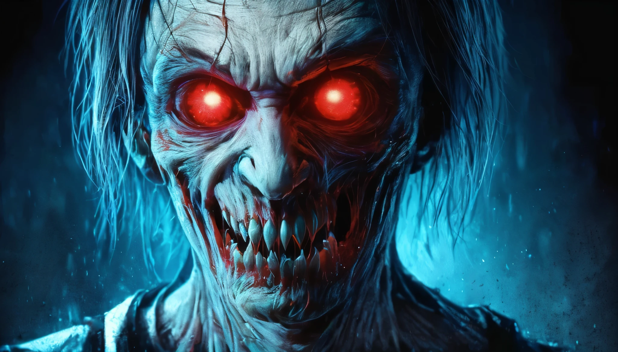 (Upper body、from the chest up:1.5), disgusting horror images, unknown creature、evil smile and glowing eyes, Awesome color art in 4K, Best Jump Scare Scenes, Very scary, glowing eyes and mouth, red eyes shine, his eyes are red and shining, blue shining face, completely red eyes、No pupil、split mouth, human skin
