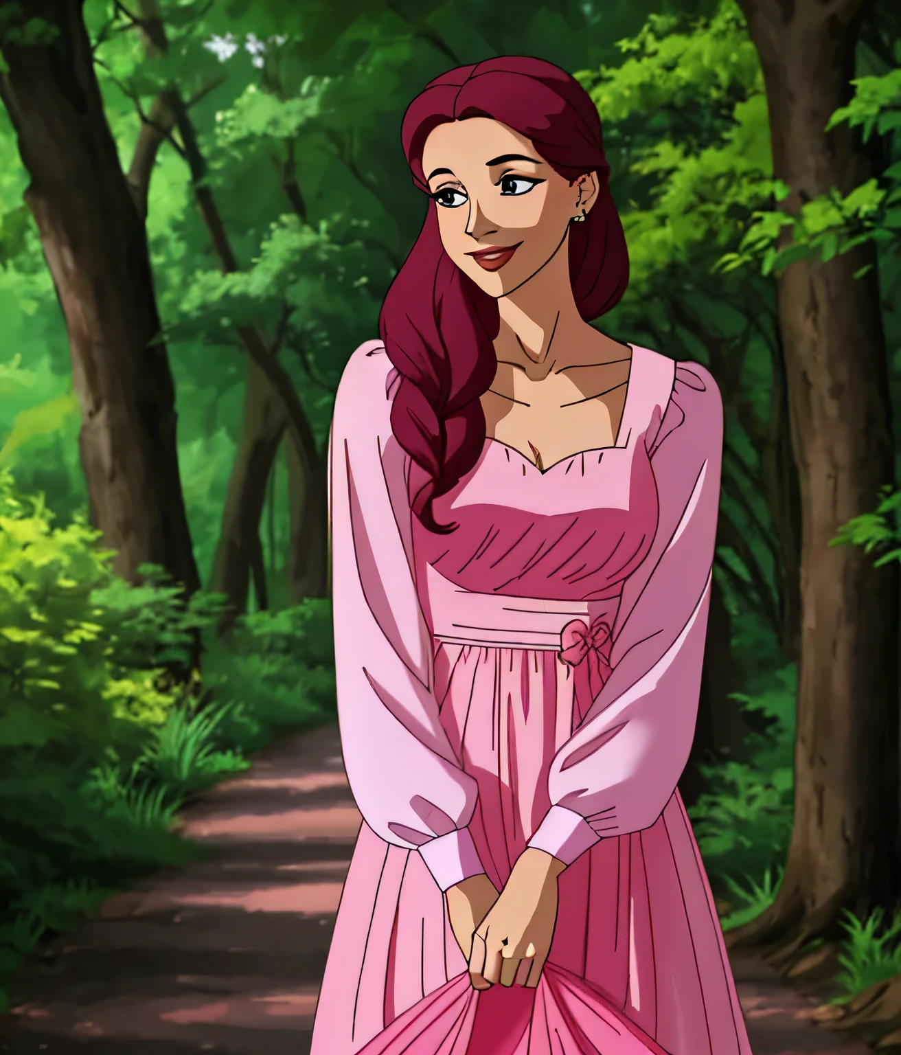 a woman in a pink dress standing on a path in a forest, wearing a silk kurta, * colour splash *, joyful look, dressed in a pink dress, with lovely look, wearing a pink dress, cute woman, cute beautiful, beautiful cute, beautiful and smiling, soft silk dress, beautiful, subtle detailing, innocent look, some pink, very extremely beautiful