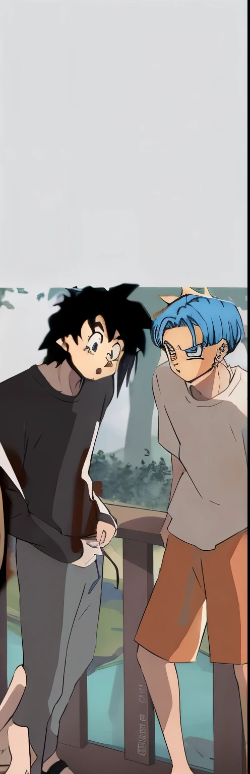 Dois homens de Dragon Ball posando para foto em uma ponte com um rio ao fundo